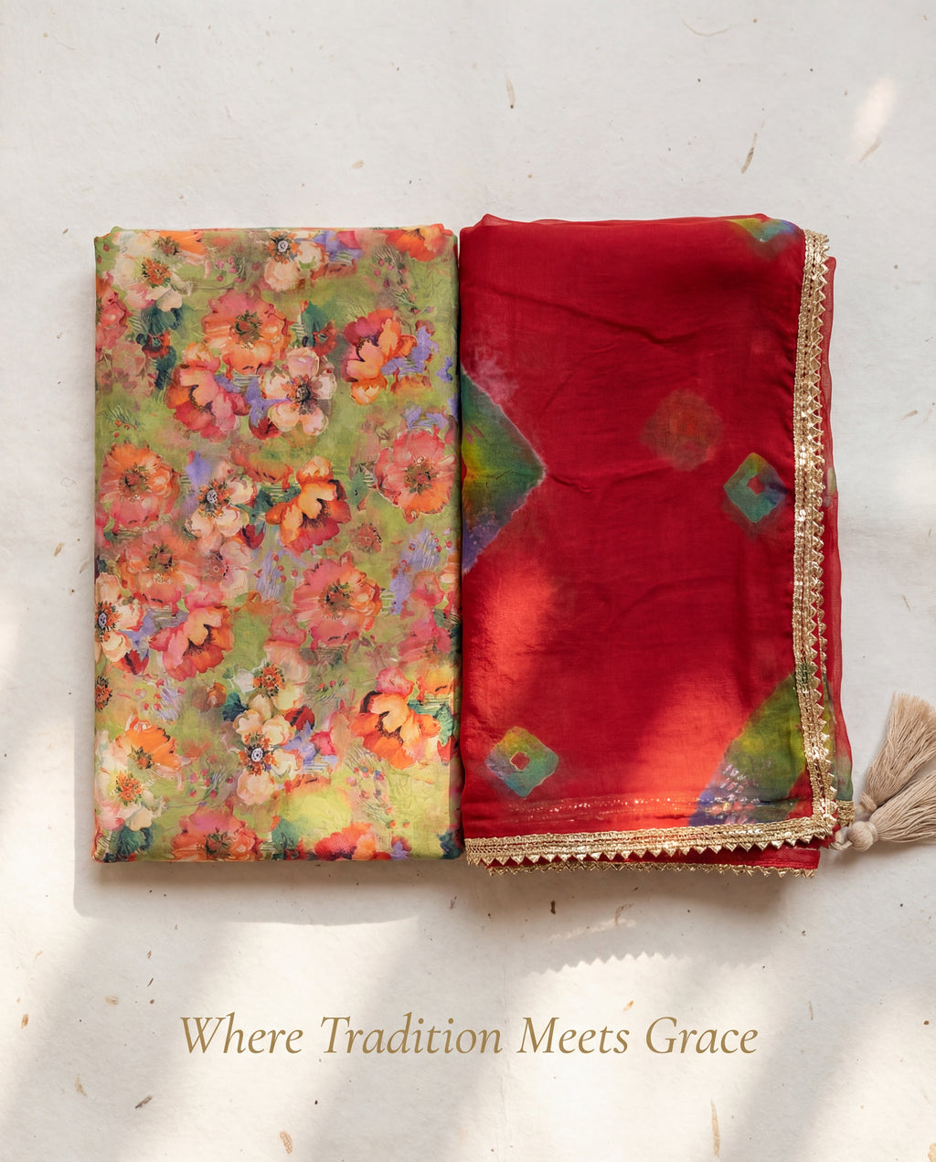 Olive Green Floral Rajputi Poshak Fabric with Red Bandhani Odhani | Soft Traditional Wear (4 Meter / 5 Meter)