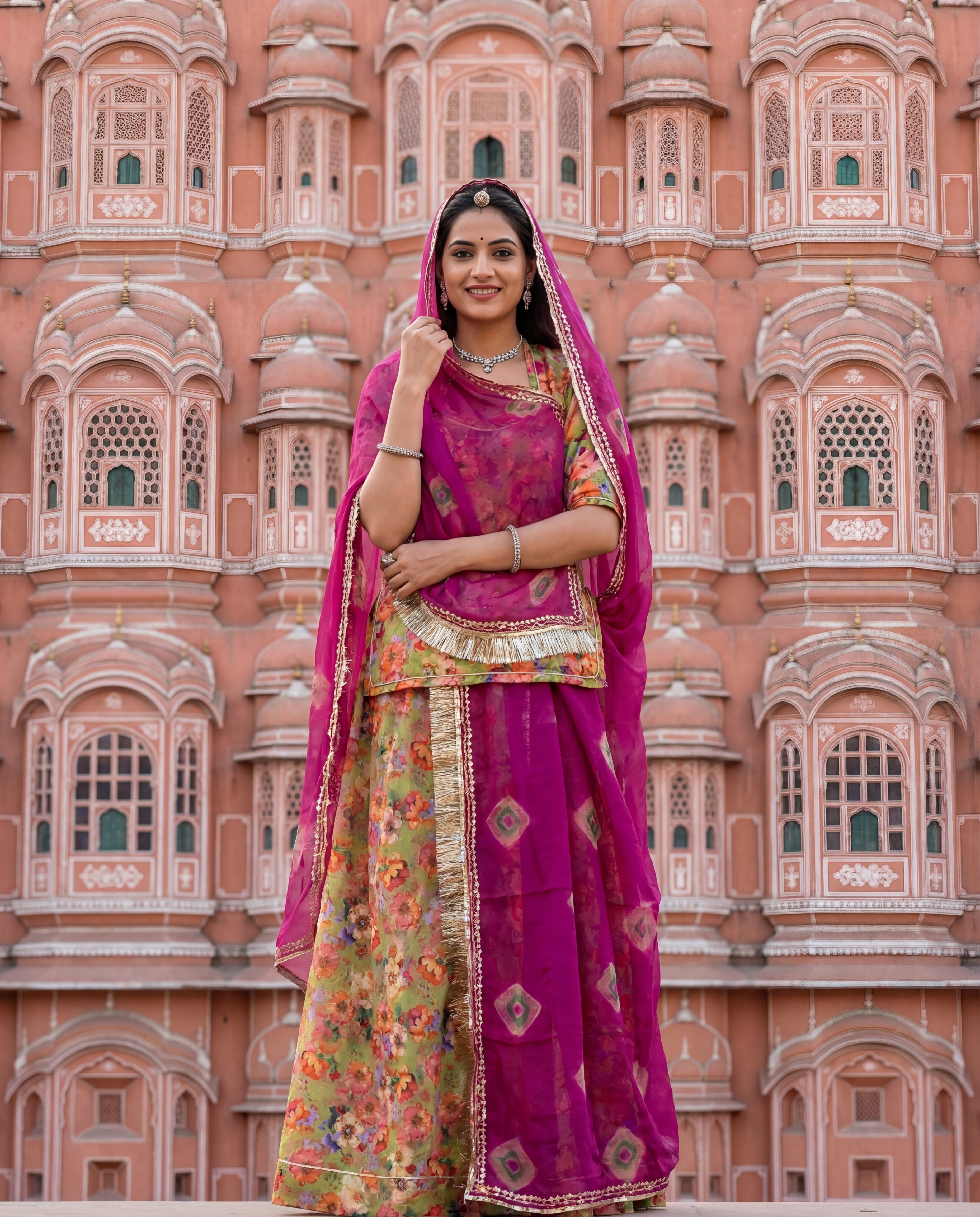 Olive Green Floral Rajputi Poshak Fabric with Purple Bandhani Odhani | Soft Traditional Wear (4 Meter / 5 Meter)