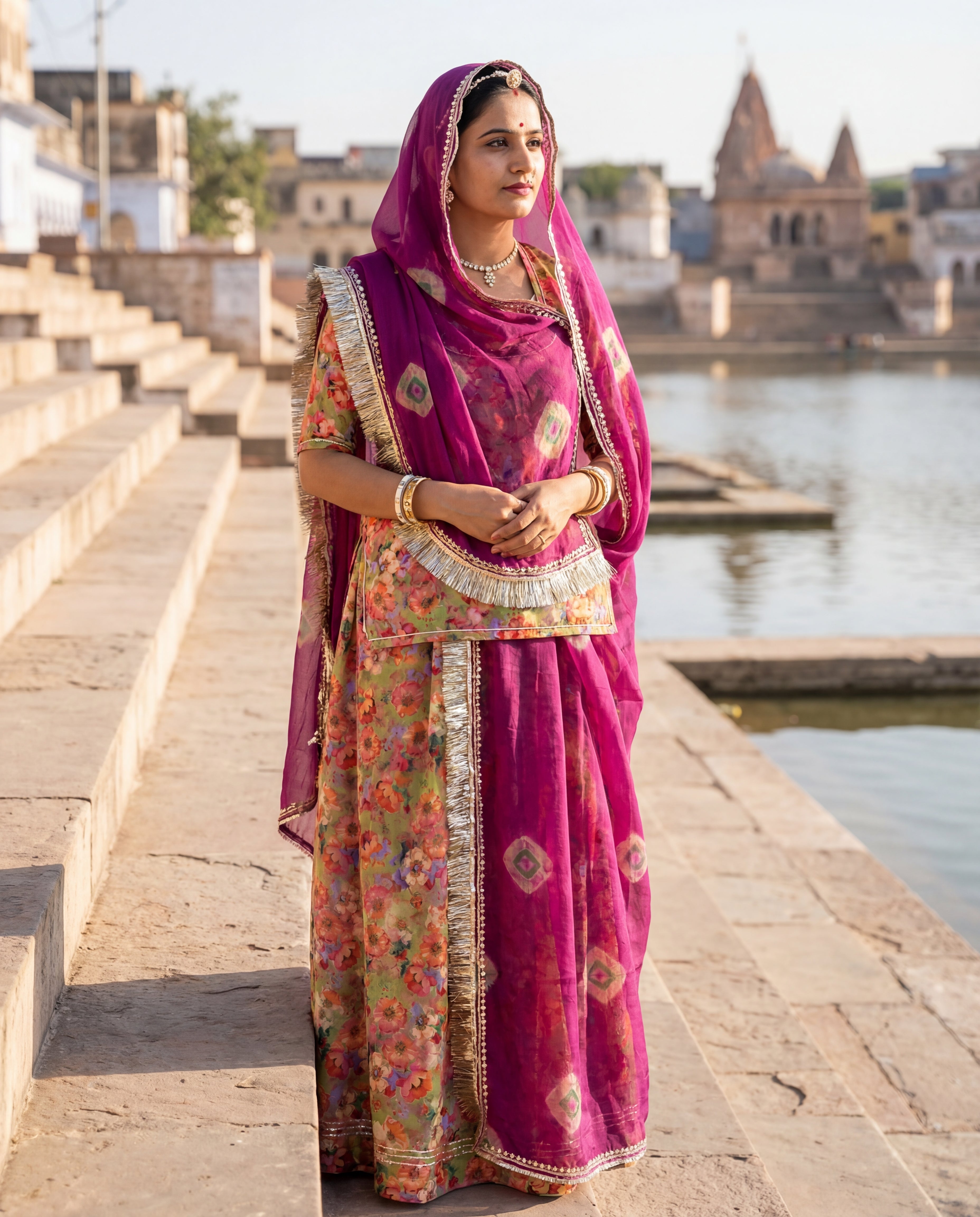 Olive Green Floral Rajputi Poshak Fabric with Purple Bandhani Odhani | Soft Traditional Wear (4 Meter / 5 Meter)