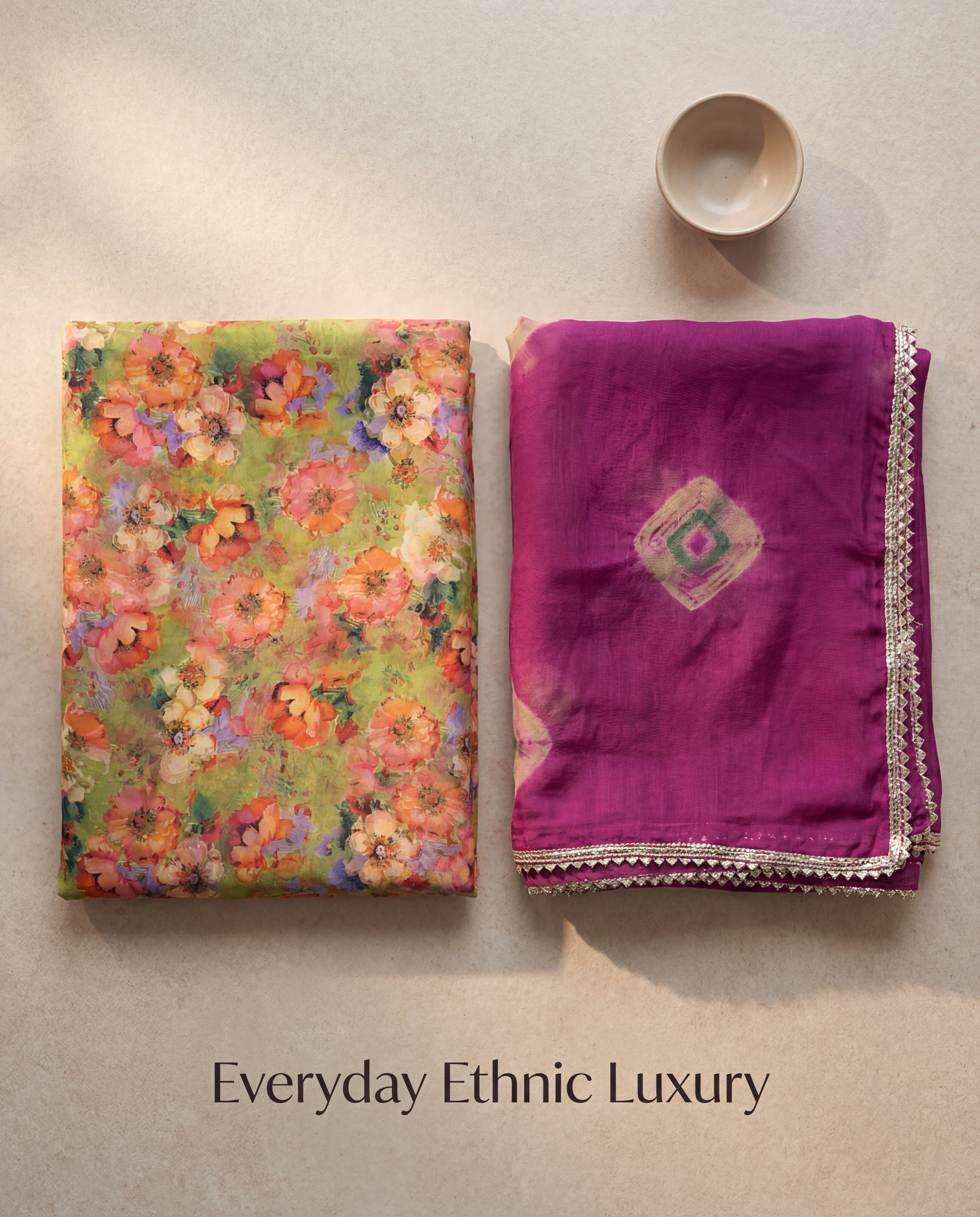 Olive Green Floral Rajputi Poshak Fabric with Purple Bandhani Odhani | Soft Traditional Wear (4 Meter / 5 Meter)