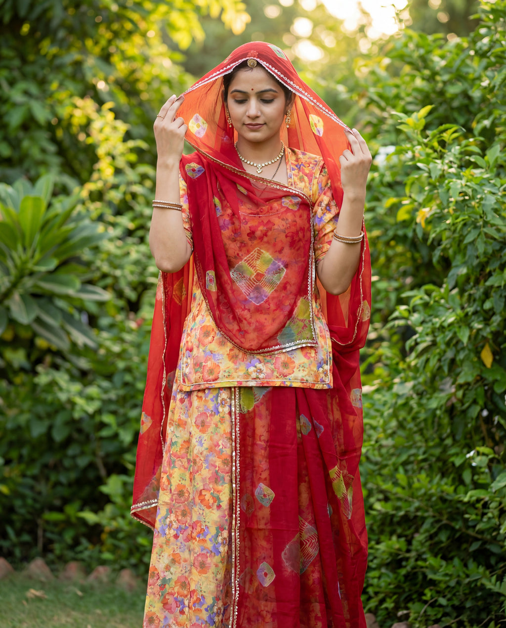 Sun Yellow Floral Rajputi Poshak Fabric with Classic Red Bandhani Odhani | Soft Traditional Wear (4 Meter / 5 Meter)