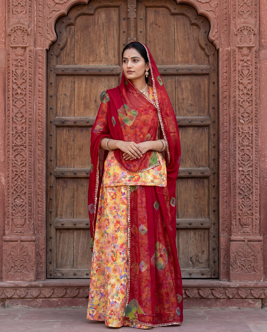 Sun Yellow Floral Rajputi Poshak Fabric with Classic Red Bandhani Odhani | Soft Traditional Wear (4 Meter / 5 Meter)