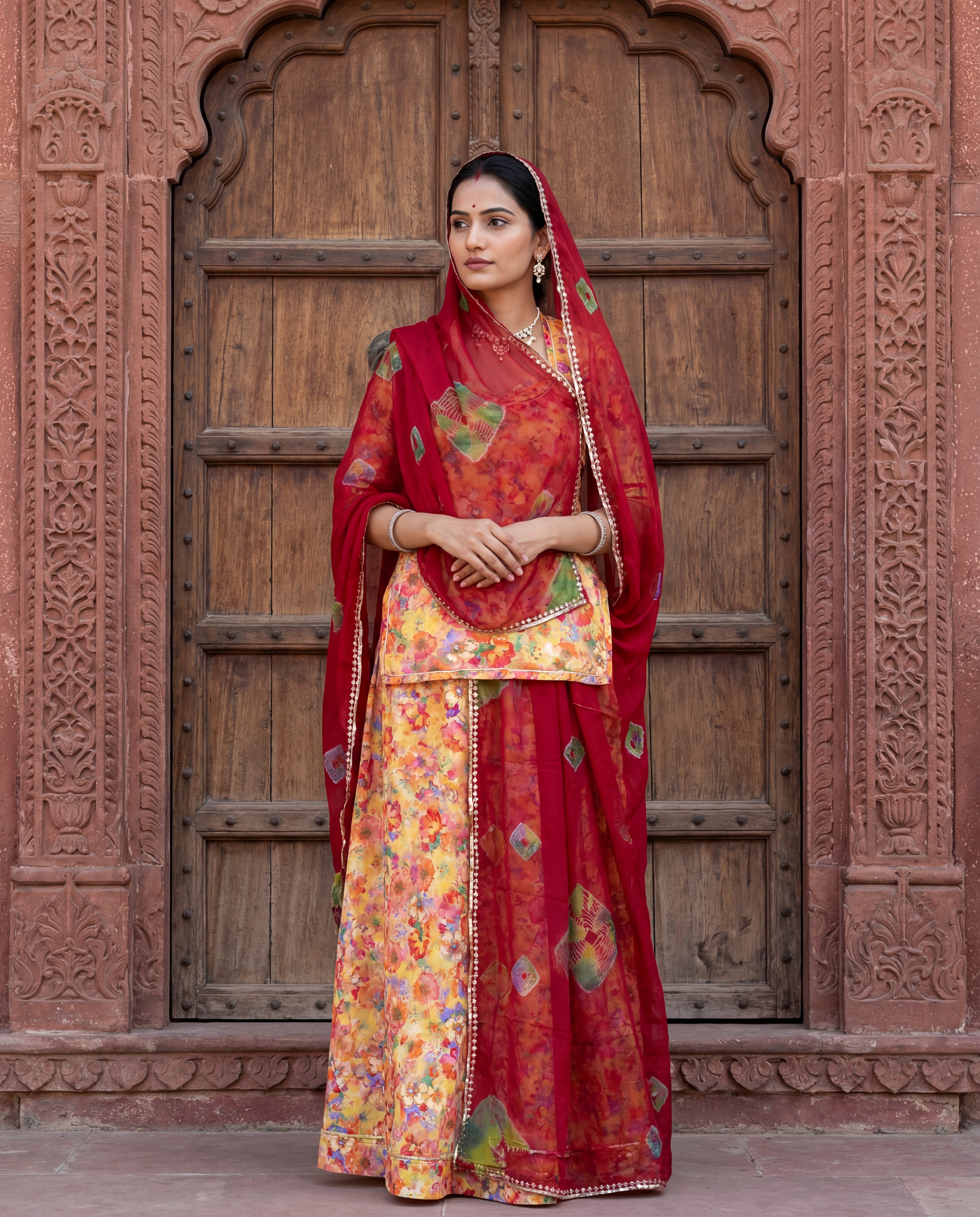 Sun Yellow Floral Rajputi Poshak Fabric with Classic Red Bandhani Odhani | Soft Traditional Wear (4 Meter / 5 Meter)