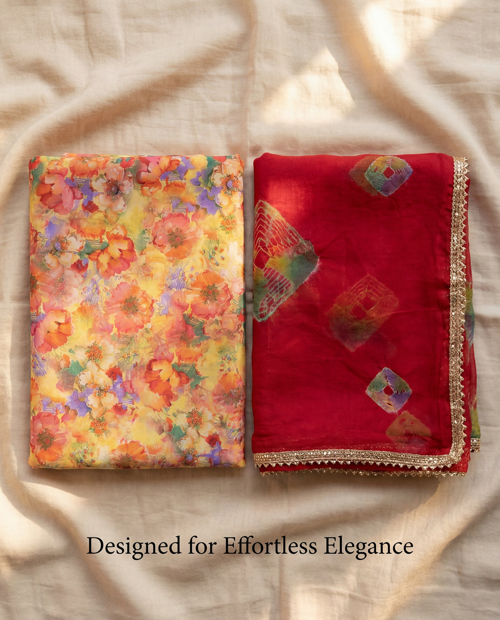 Sun Yellow Floral Rajputi Poshak Fabric with Classic Red Bandhani Odhani | Soft Traditional Wear (4 Meter / 5 Meter)