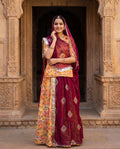 Sunset Floral Rajputi Poshak Fabric with Wine Bandhani Odhani | Soft Traditional Wear (4 Meter / 5 Meter)