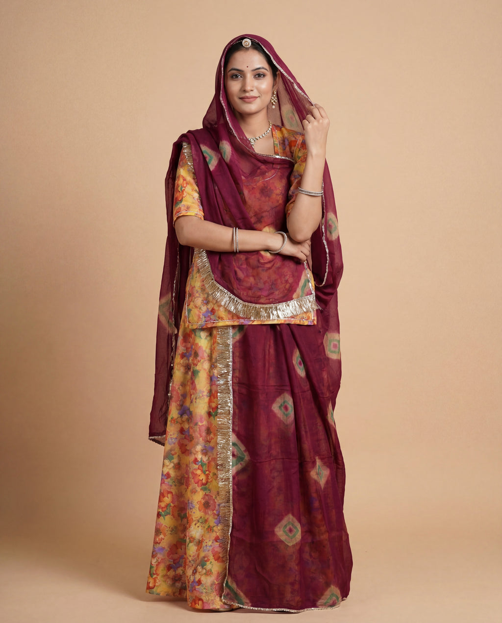 Sunset Floral Rajputi Poshak Fabric with Wine Bandhani Odhani | Soft Traditional Wear (4 Meter / 5 Meter)
