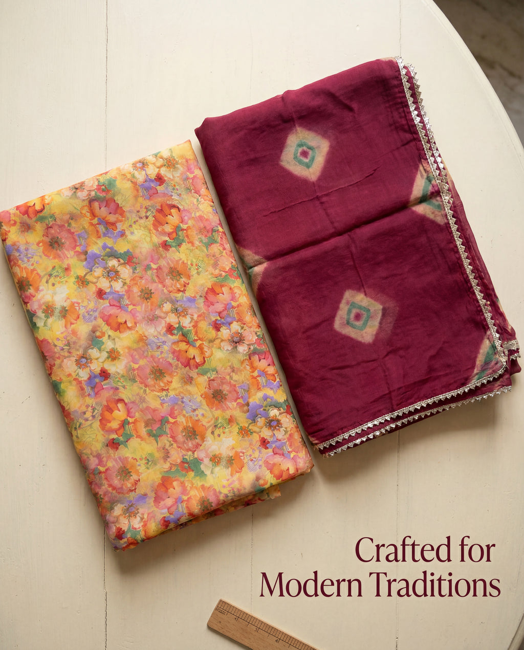 Sunset Floral Rajputi Poshak Fabric with Wine Bandhani Odhani | Soft Traditional Wear (4 Meter / 5 Meter)