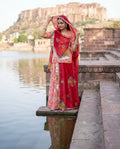 Peach Floral Printed Rajputi Poshak Fabric with Red Bandhani Odhani | Soft Ethnic Wear (4m / 5m)