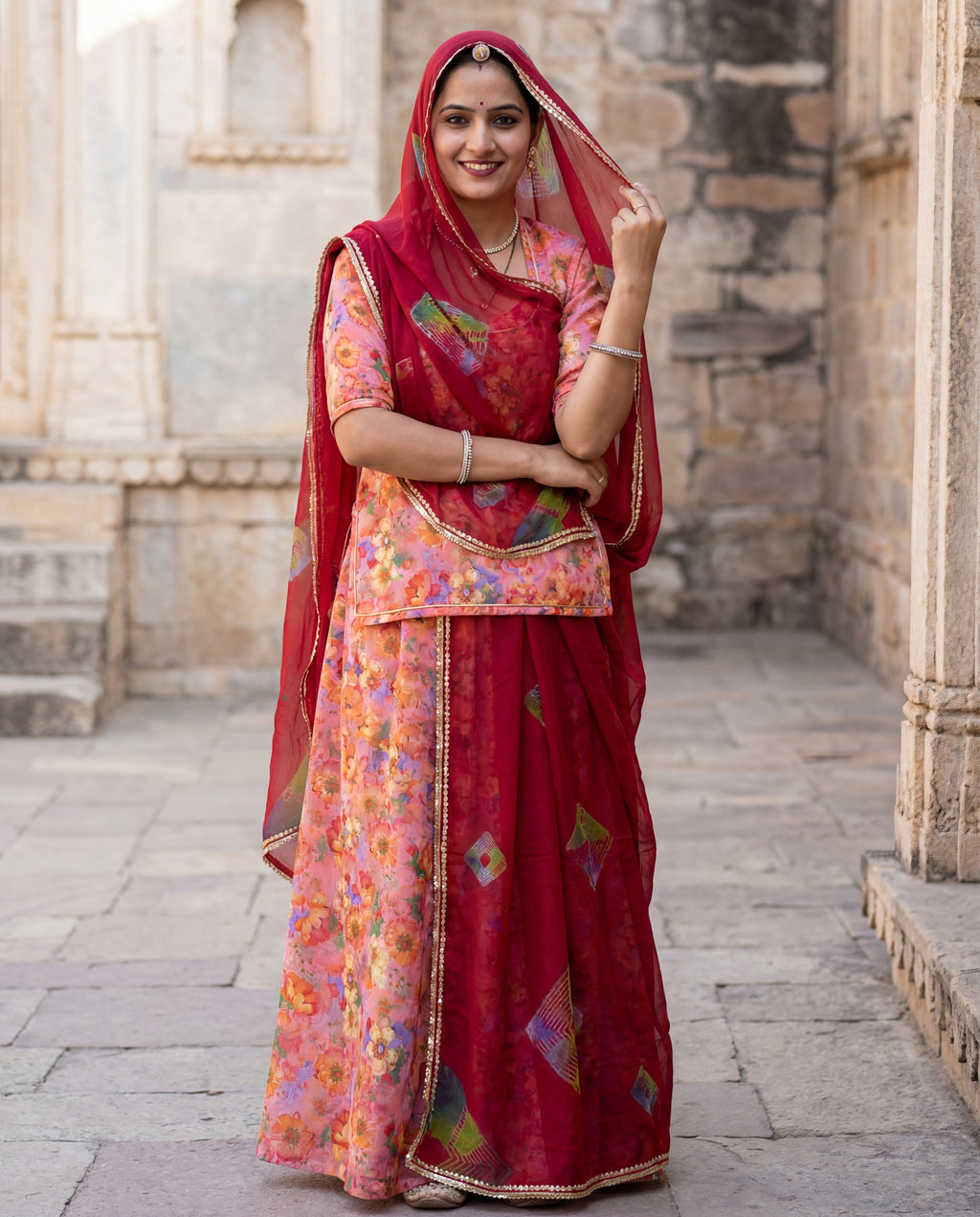 Peach Floral Printed Rajputi Poshak Fabric with Red Bandhani Odhani | Soft Ethnic Wear (4m / 5m)