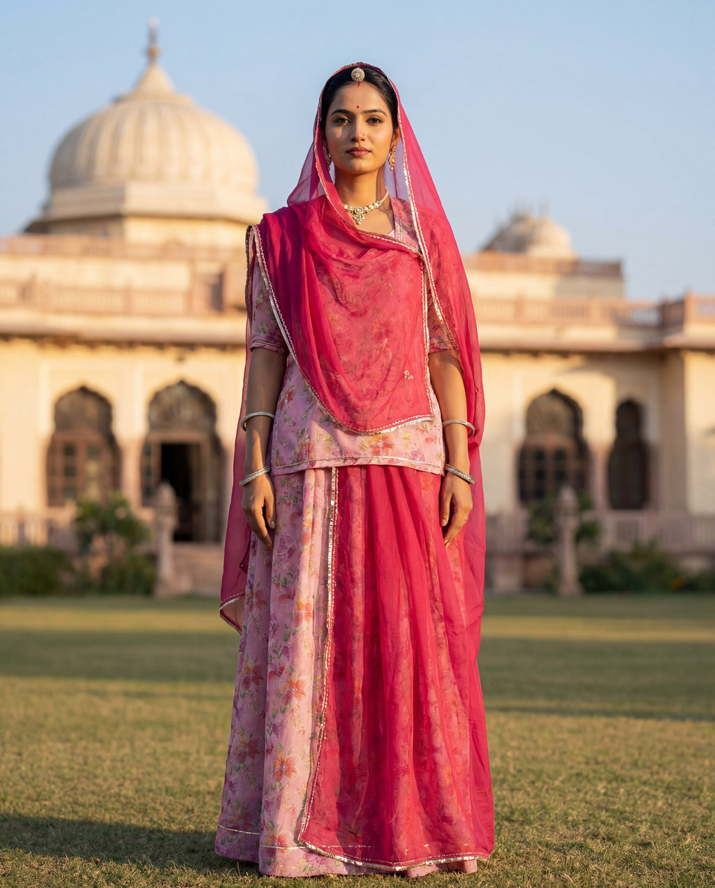 Baby Pink Floral Printed Rajputi Poshak Fabric with Dark Pink Odhani (4 Meter / 5 Meter)