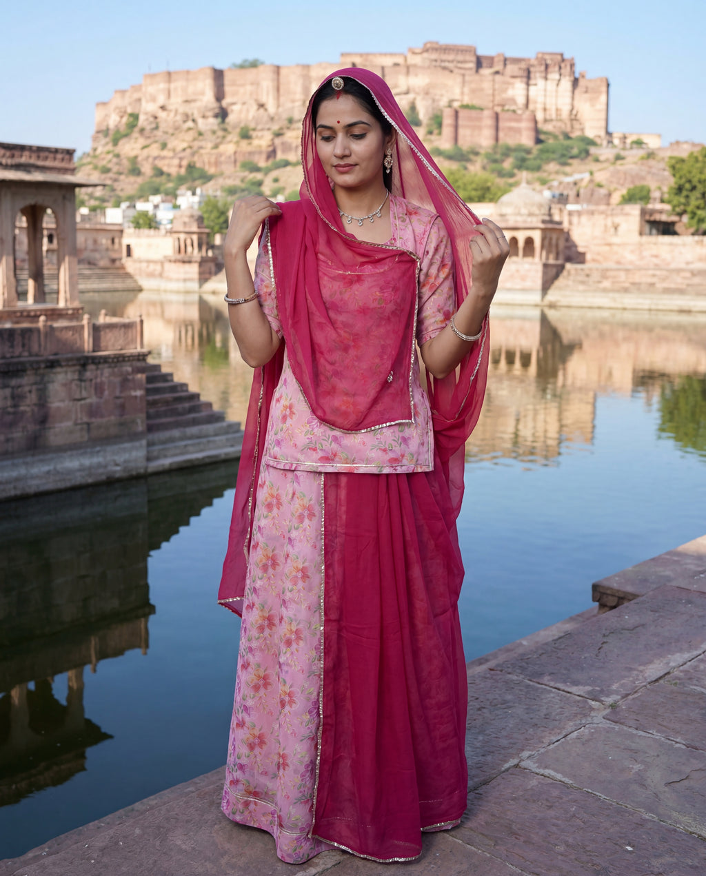 Baby Pink Floral Printed Rajputi Poshak Fabric with Dark Pink Odhani (4 Meter / 5 Meter)