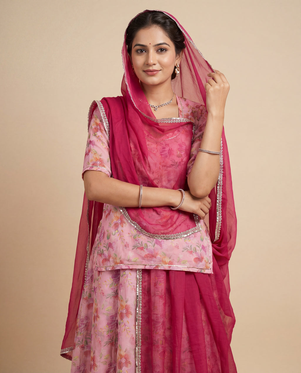 Baby Pink Floral Printed Rajputi Poshak Fabric with Dark Pink Odhani (4 Meter / 5 Meter)