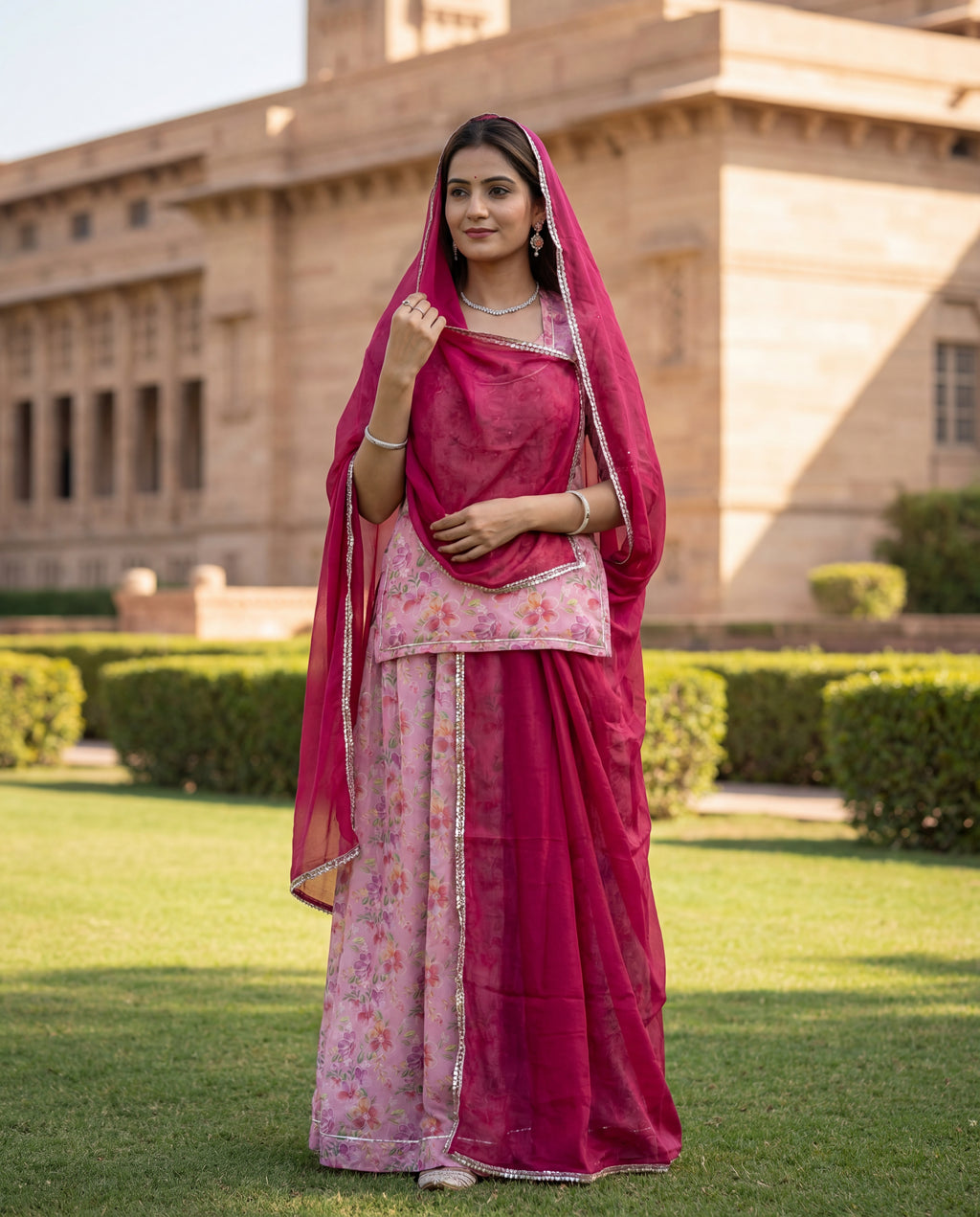 Baby Pink Floral Printed Rajputi Poshak Fabric with Dark Pink Odhani (4 Meter / 5 Meter)