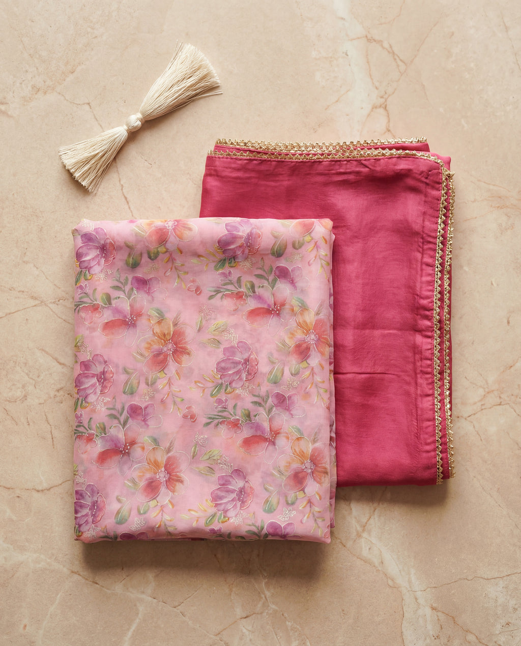Baby Pink Floral Printed Rajputi Poshak Fabric with Dark Pink Odhani (4 Meter / 5 Meter)