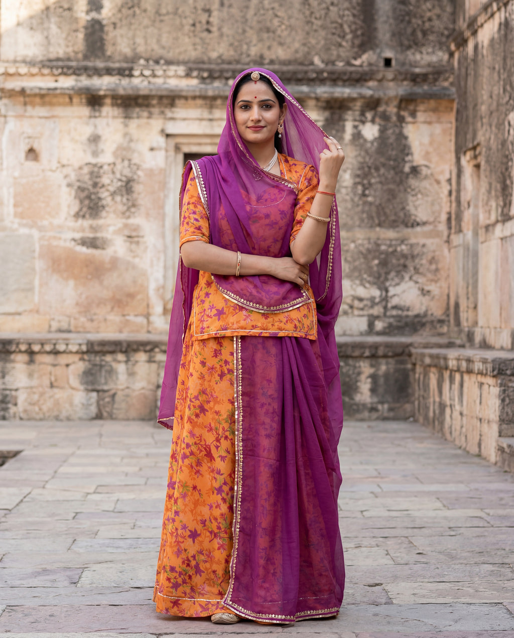 Orange Floral Rajputi Dress Fabric with Rani Pink Odhani | Soft Ethnic Wear (4 M & 5 M Variants)