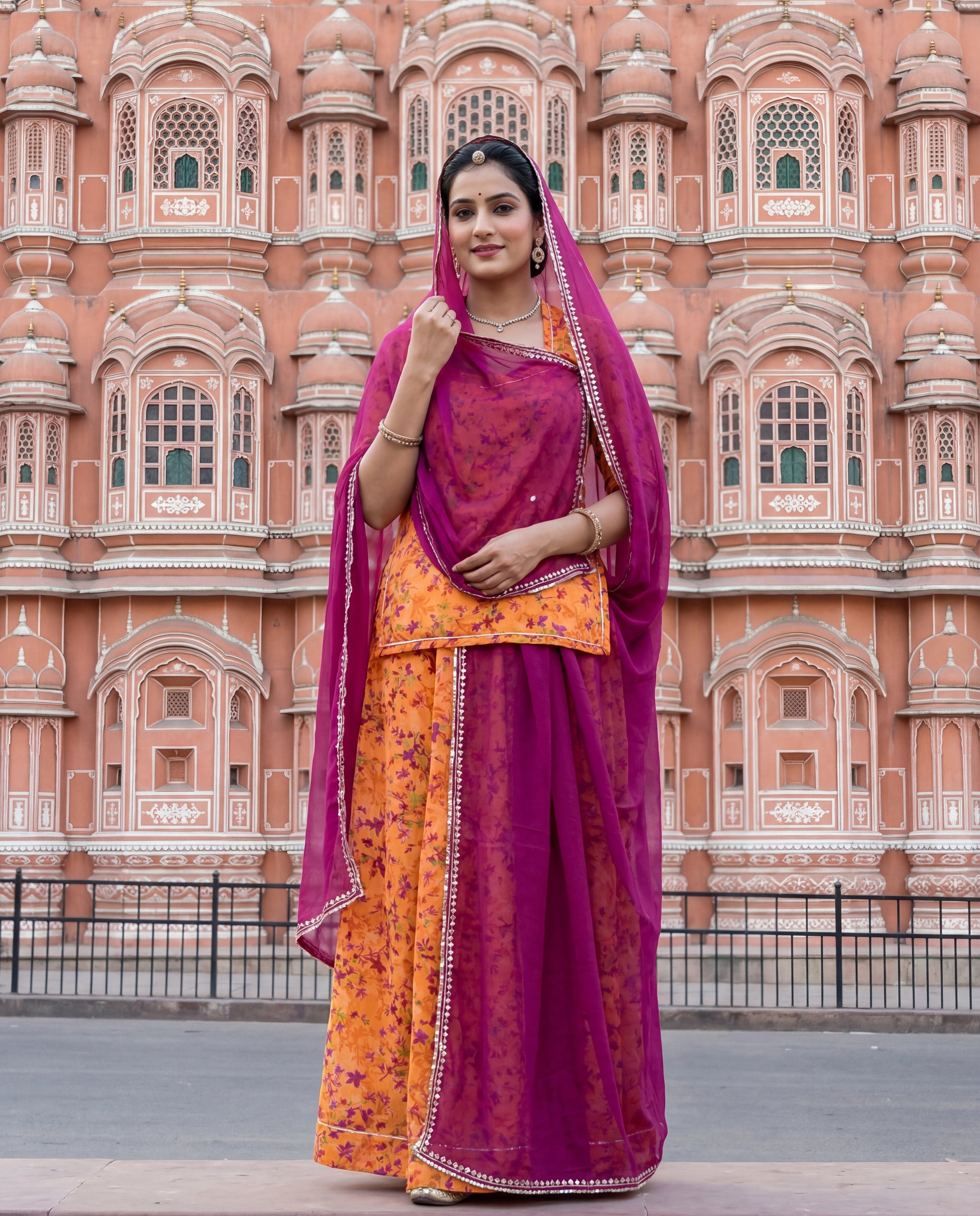 Orange Floral Rajputi Dress Fabric + Rani Pink Odhani – Baisa