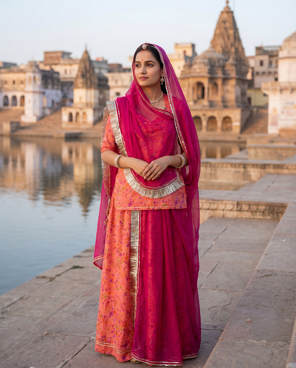 Peach Floral Printed Rajputi Poshak Fabric with Magenta Pink Odhani (4 Meter / 5 Meter)
