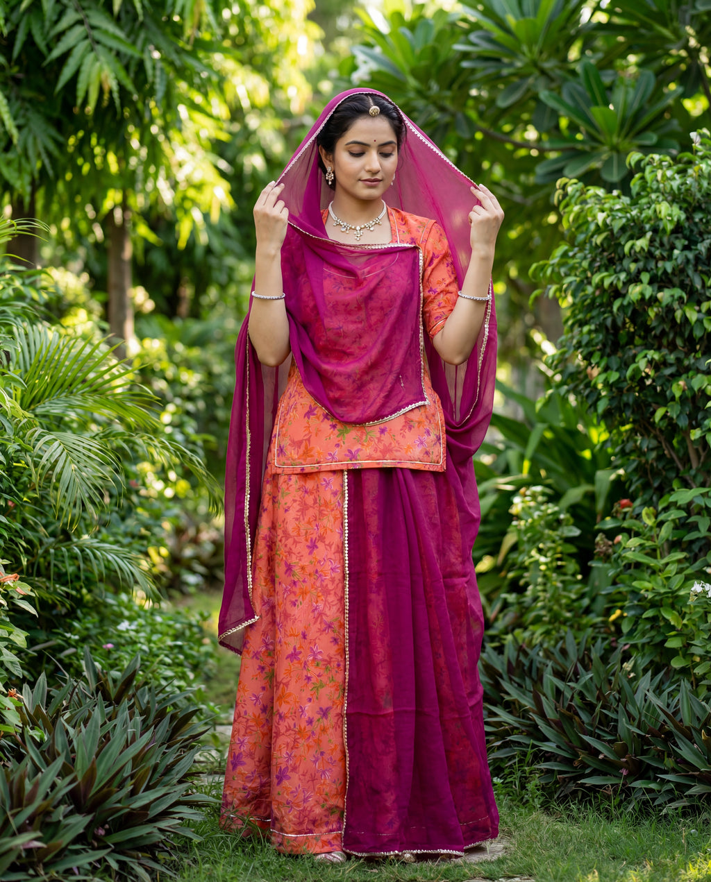 Peach Floral Printed Rajputi Poshak Fabric with Magenta Pink Odhani (4 Meter / 5 Meter)