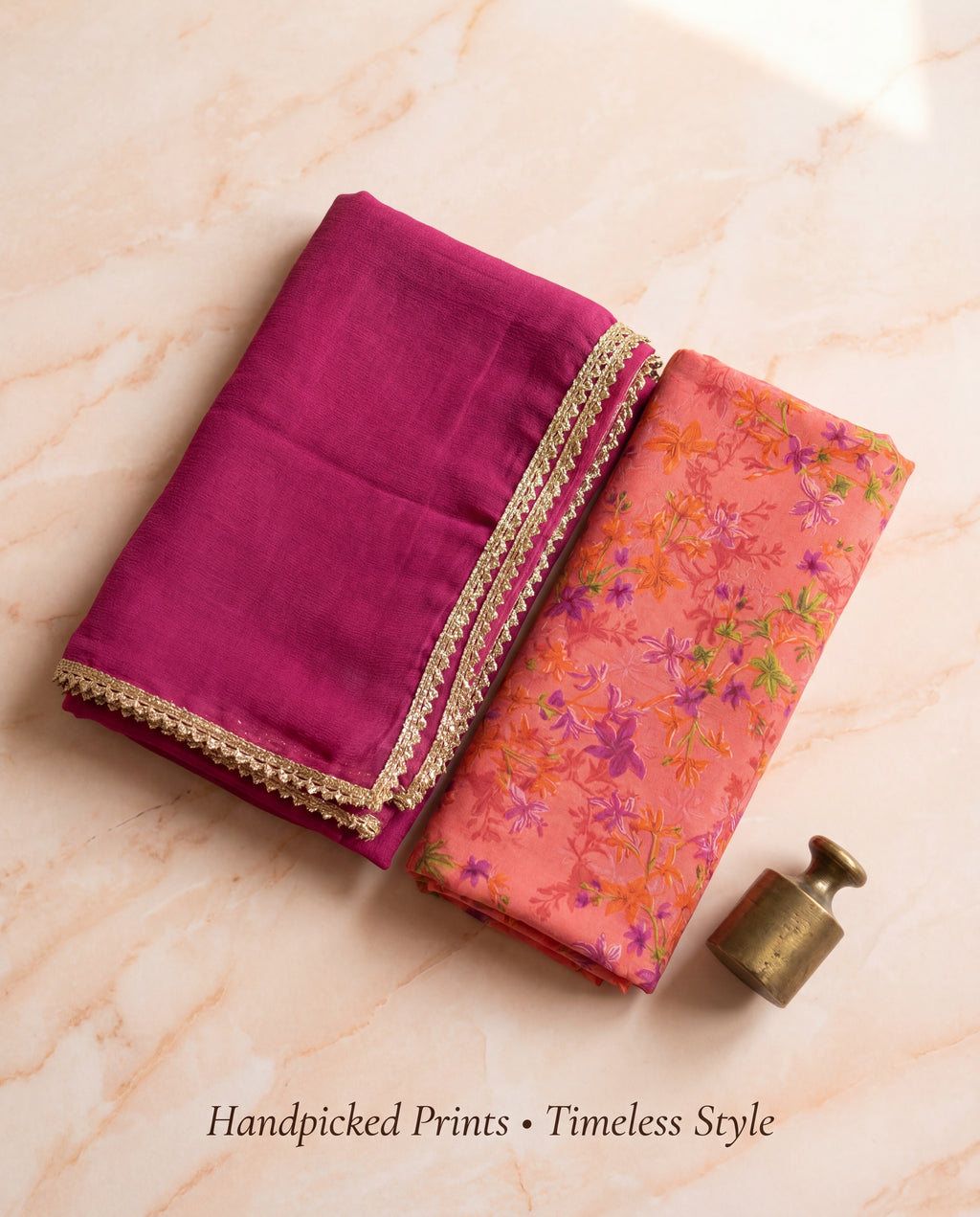 Peach Floral Printed Rajputi Poshak Fabric with Magenta Pink Odhani (4 Meter / 5 Meter)