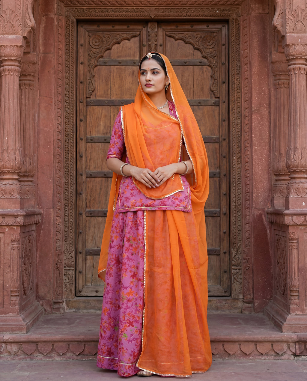 Orange Plain Rajputi Poshak Fabric with Magenta Floral Print & Orange Odhani (4 Meter / 5 Meter)
