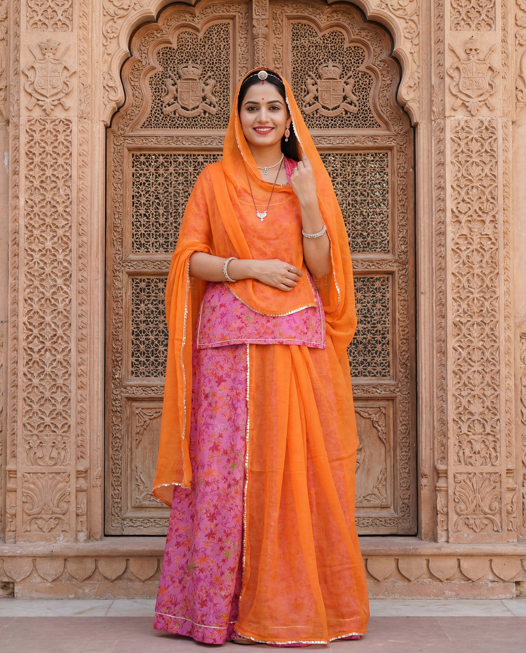 Orange Plain Rajputi Poshak Fabric with Magenta Floral Print & Orange Odhani (4 Meter / 5 Meter)