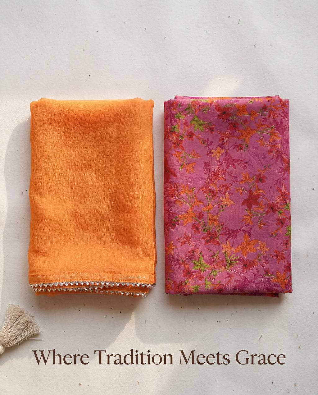 Orange Plain Rajputi Poshak Fabric with Magenta Floral Print & Orange Odhani (4 Meter / 5 Meter)