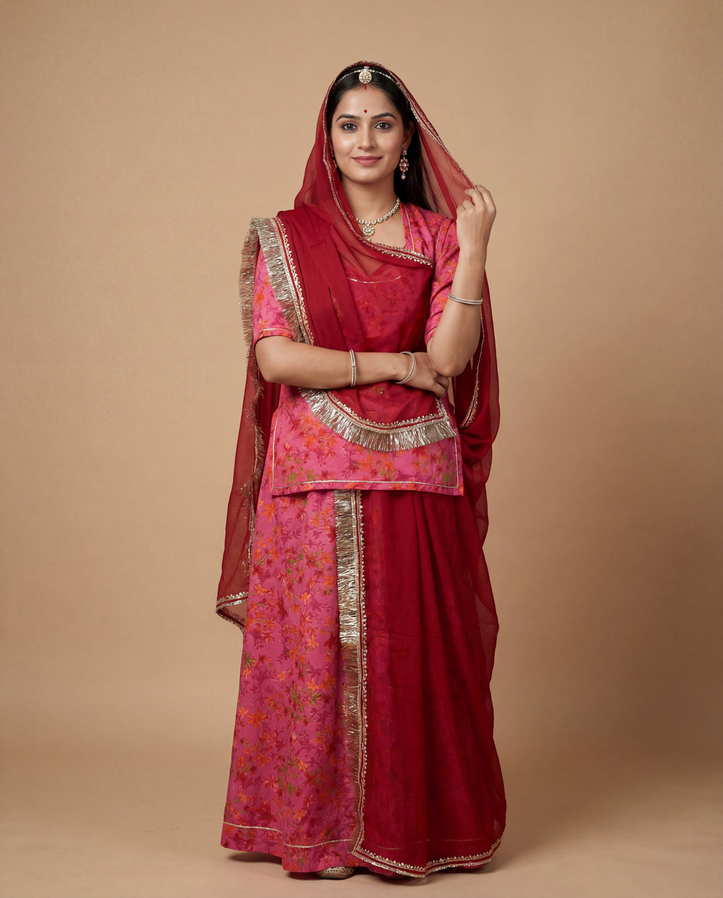 Pink Floral Print Rajputi Poshak Fabric with Deep Red Plain Odhani (4 Meter / 5 Meter)