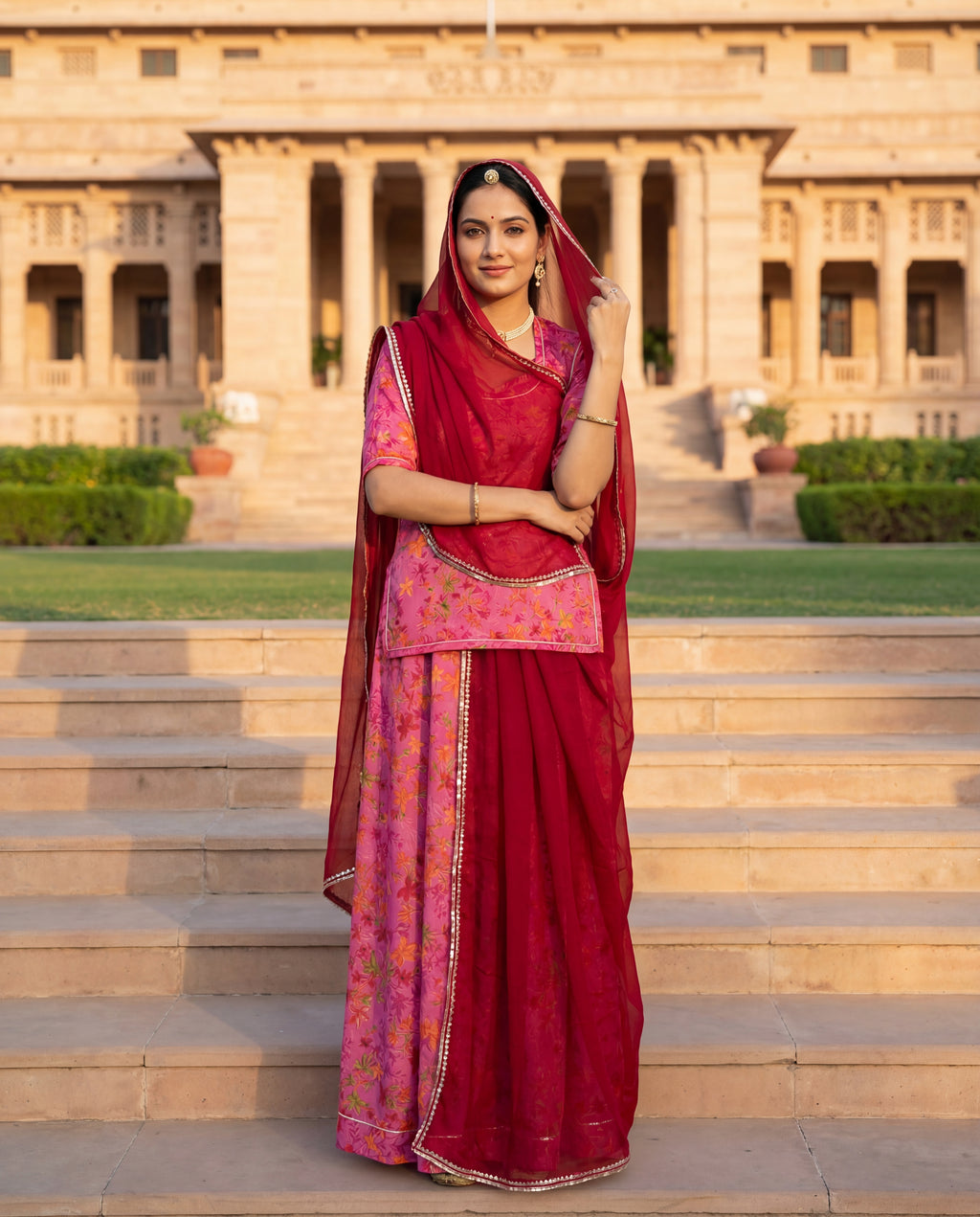 Pink Floral Print Rajputi Poshak Fabric with Deep Red Plain Odhani (4 Meter / 5 Meter)