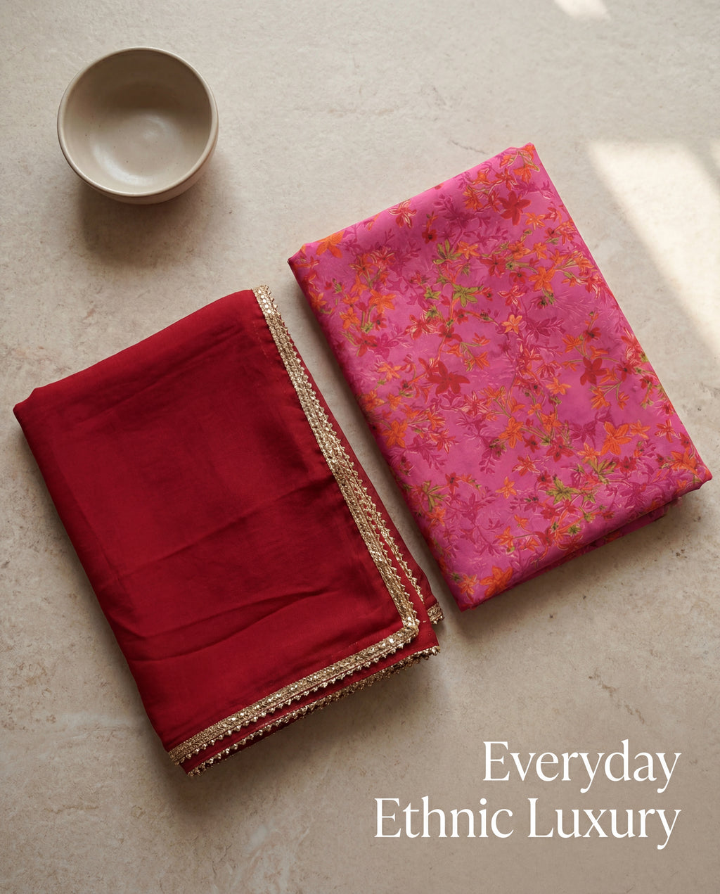 Pink Floral Print Rajputi Poshak Fabric with Deep Red Plain Odhani (4 Meter / 5 Meter)