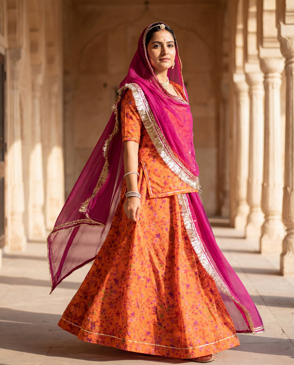 'Kesariya' - Orange Floral Rajputi Suit Set + Rani Pink Odhani