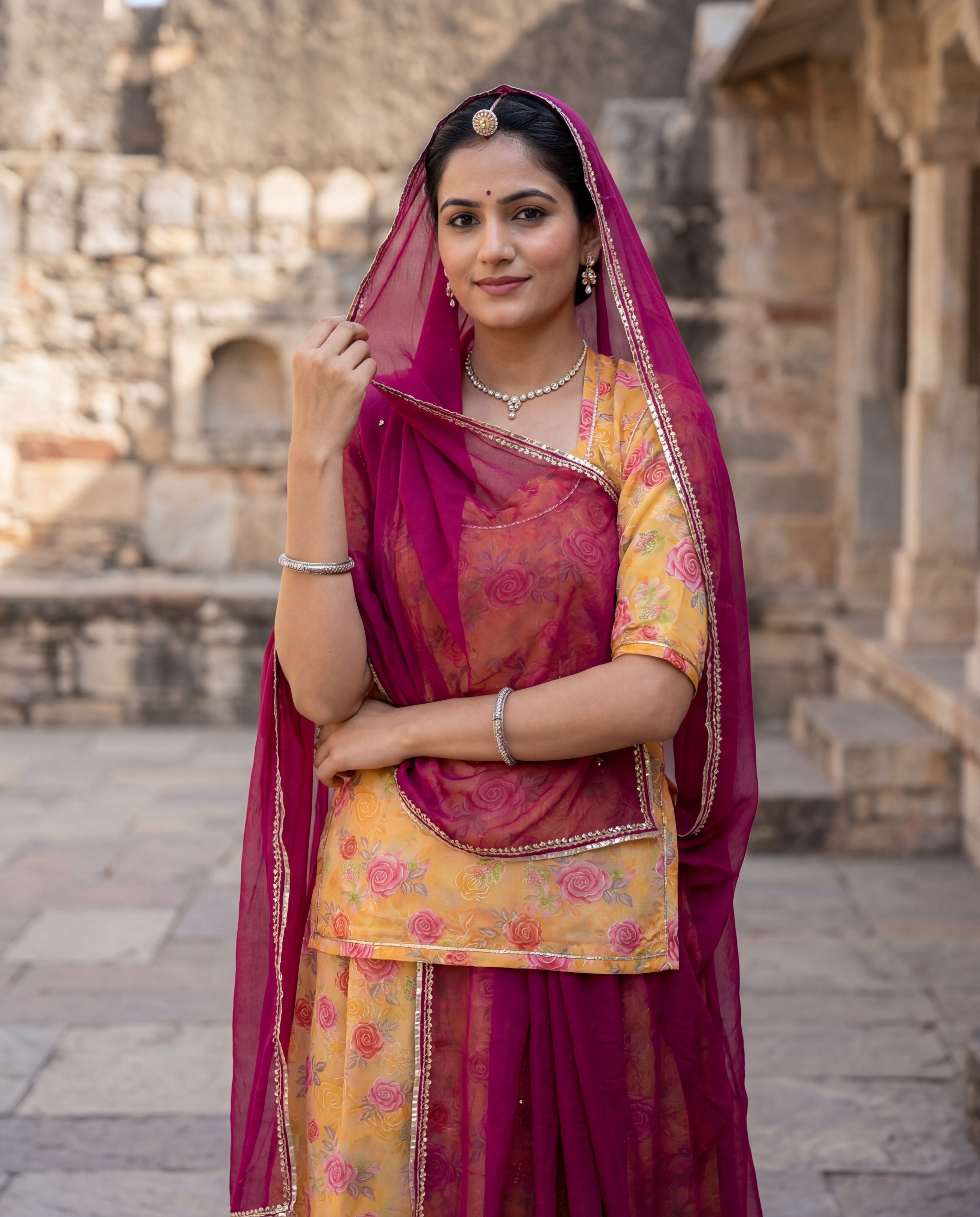 'Suvarna' - Golden Yellow Rose Print Suit Set + Deep Wine Odhani