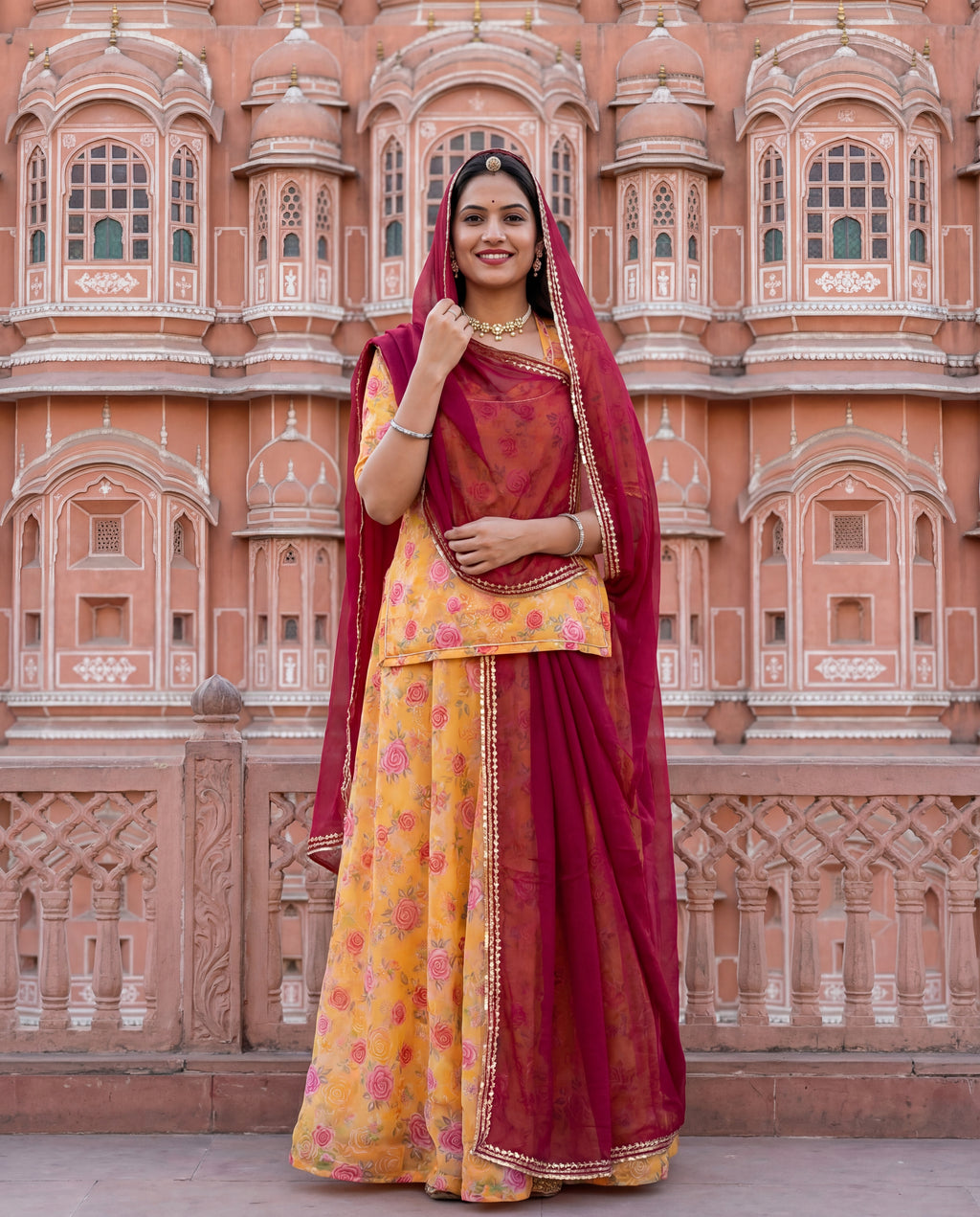 'Suvarna' - Golden Yellow Rose Print Suit Set + Deep Wine Odhani