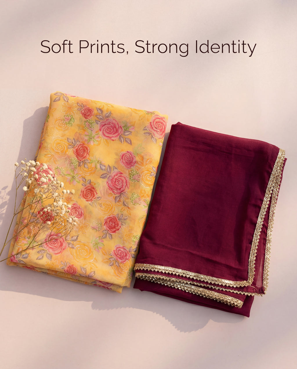 'Suvarna' - Golden Yellow Rose Print Suit Set + Deep Wine Odhani