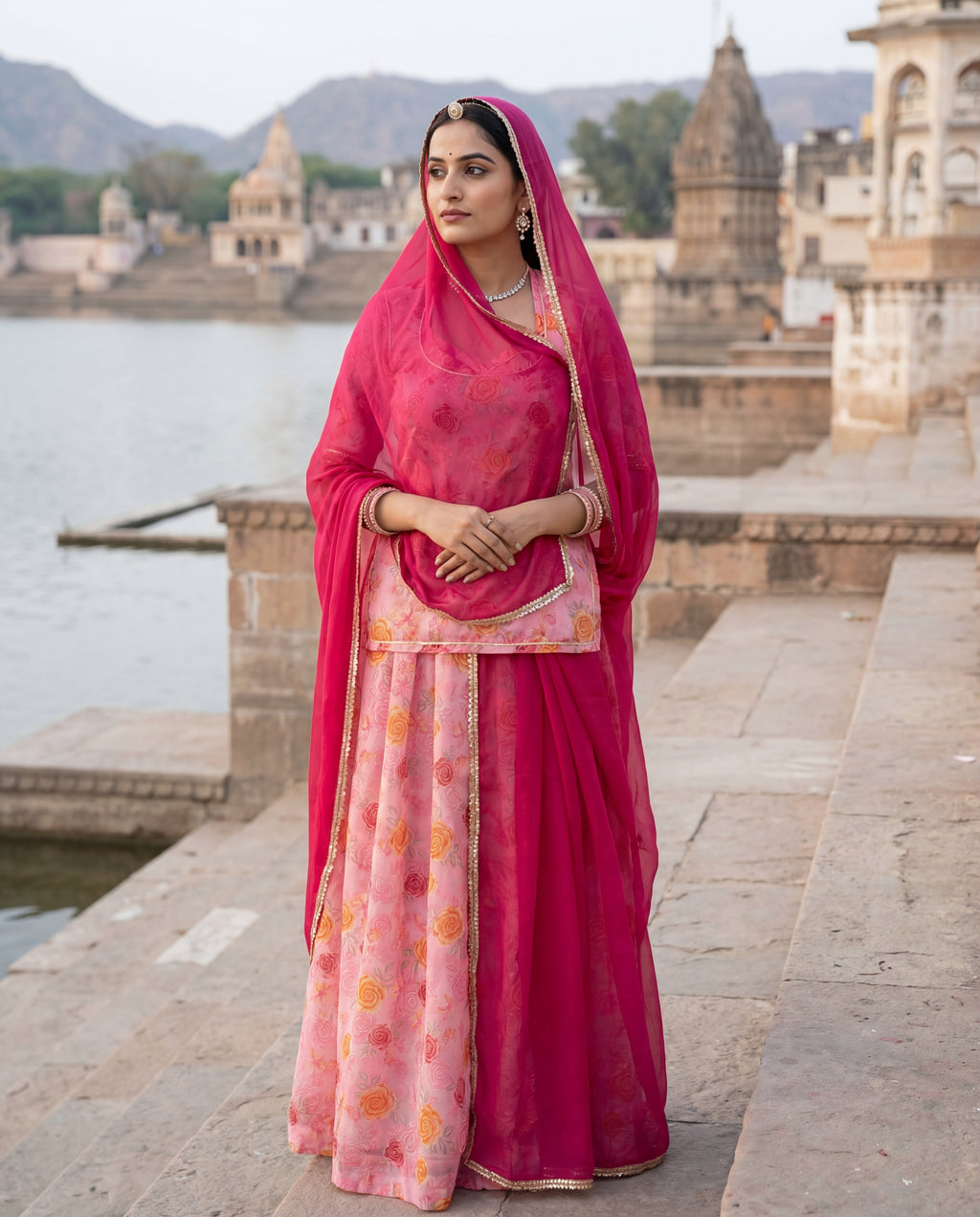 'Gulabo' - Pastel Pink Rose Print Suit Set + Rani Odhani