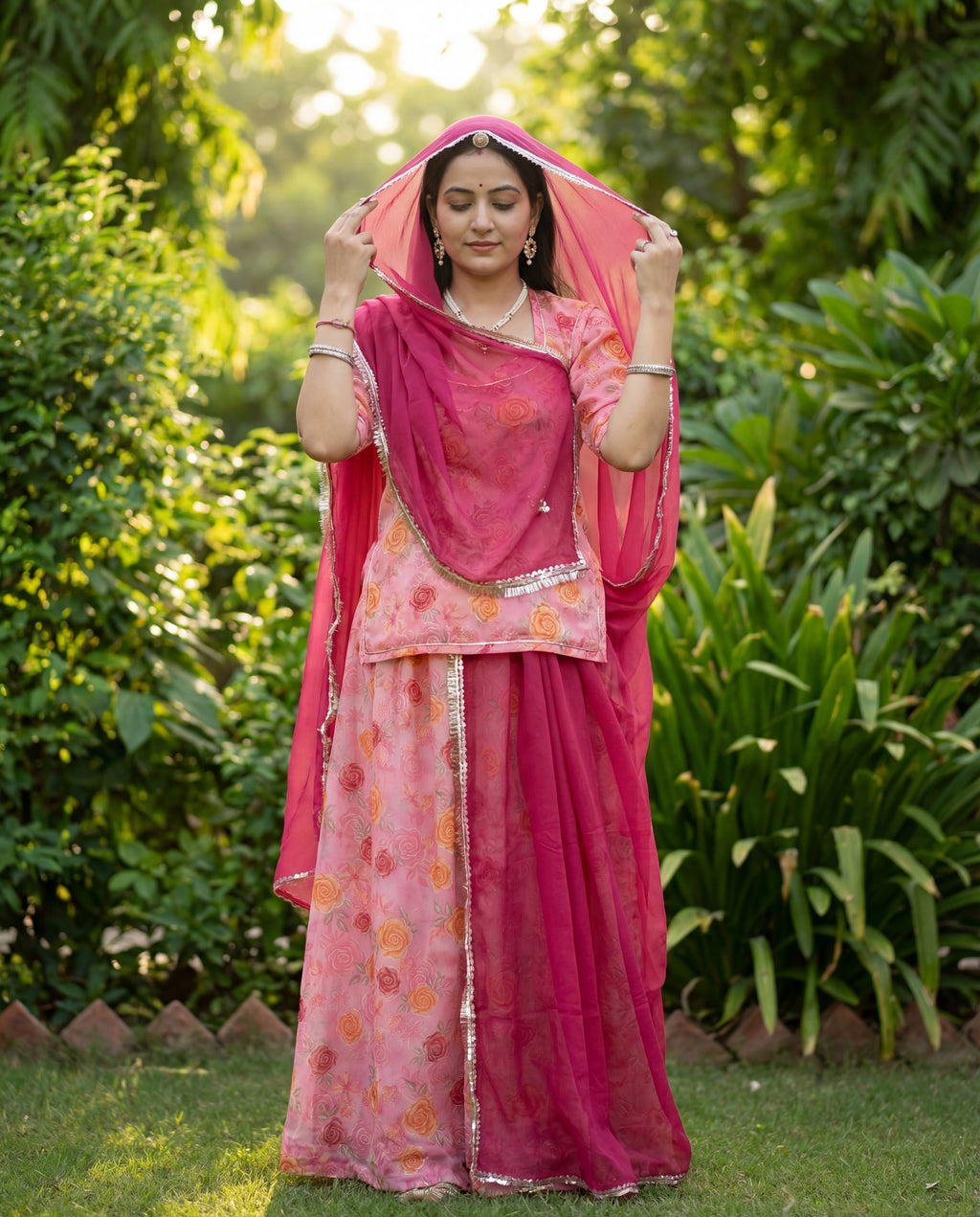'Gulabo' - Pastel Pink Rose Print Suit Set + Rani Odhani