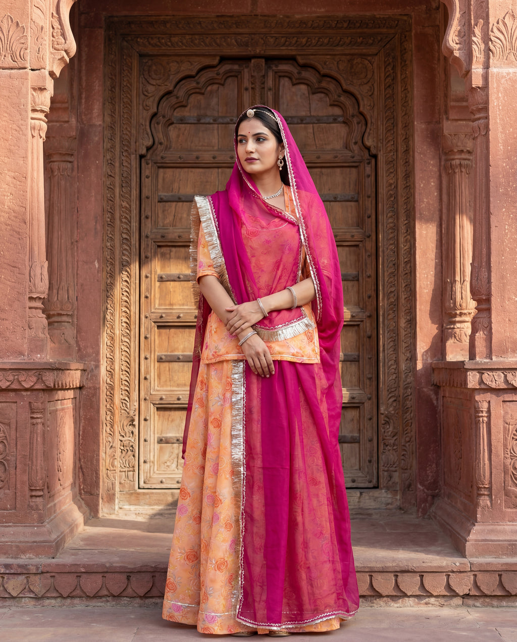 'Kesar Bagh' - Peach Floral Rajputi Suit Set + Rani Pink Border Odhani