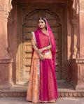'Kesar Bagh' - Peach Floral Rajputi Suit Set + Rani Pink Border Odhani
