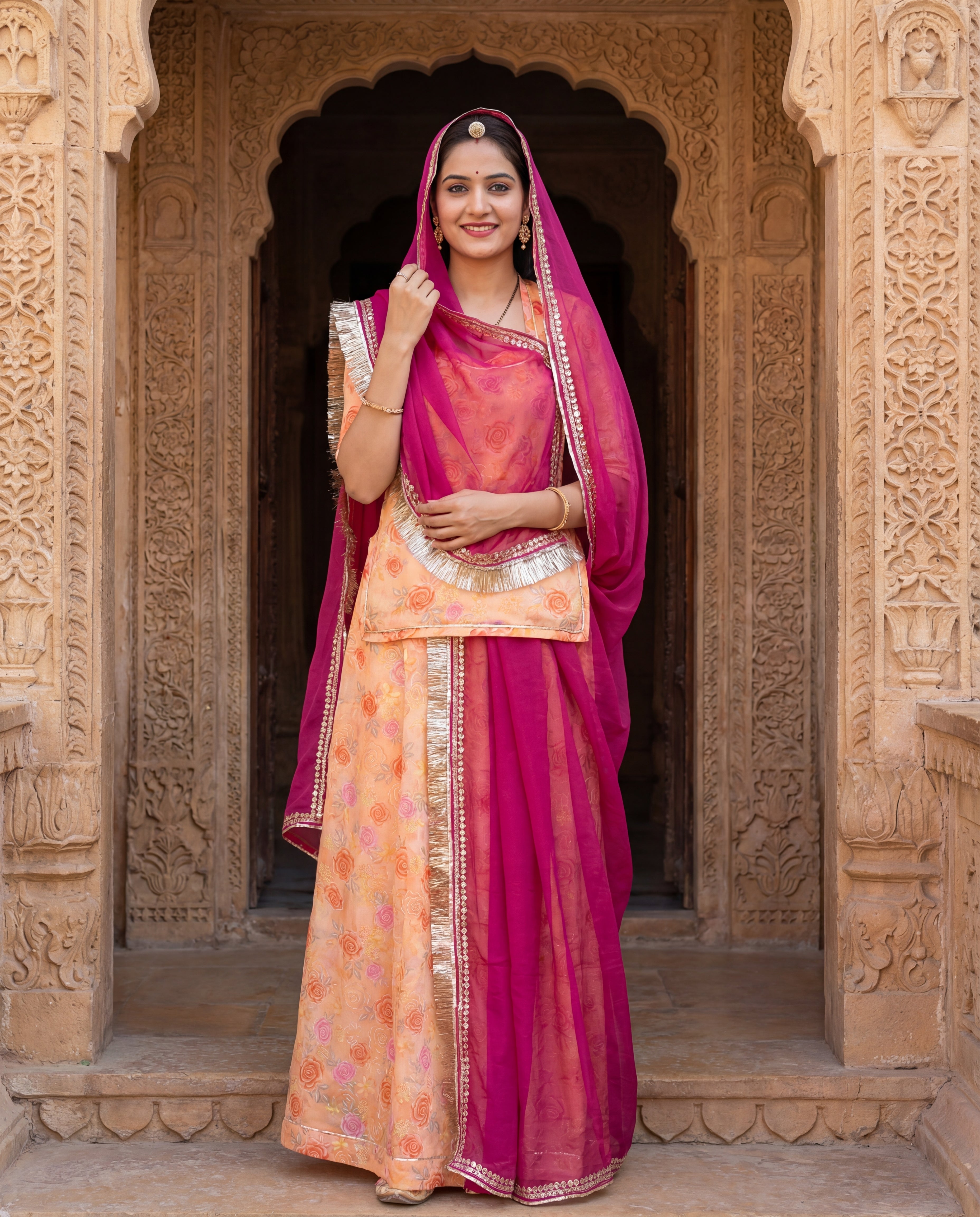 'Kesar Bagh' - Peach Floral Rajputi Suit Set + Rani Pink Border Odhani