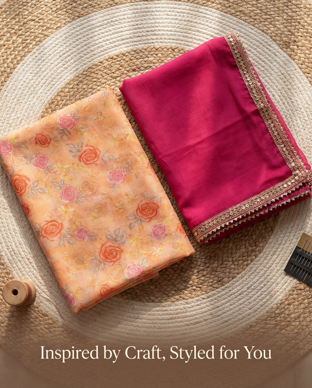 'Kesar Bagh' - Peach Floral Rajputi Suit Set + Rani Pink Border Odhani