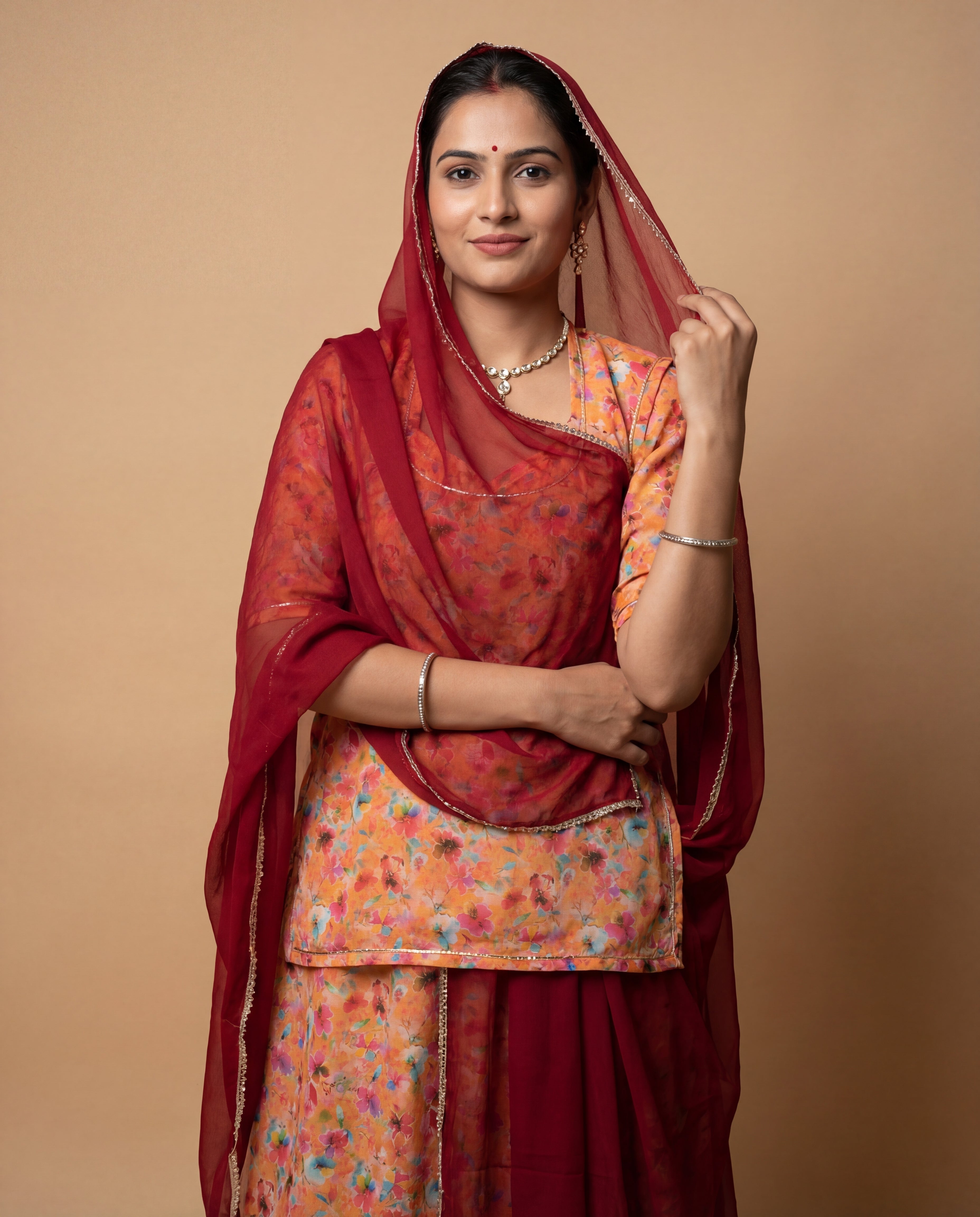 'Kesariya' - Orange Floral Rajputi Suit Set + Deep Maroon Odhani