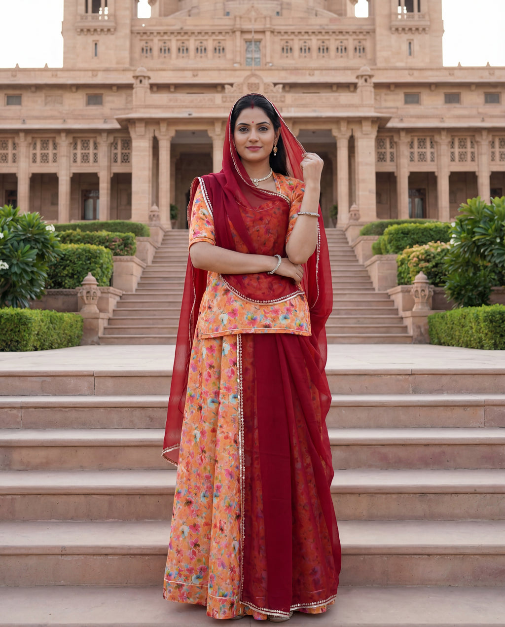 'Kesariya' - Orange Floral Rajputi Suit Set + Deep Maroon Odhani