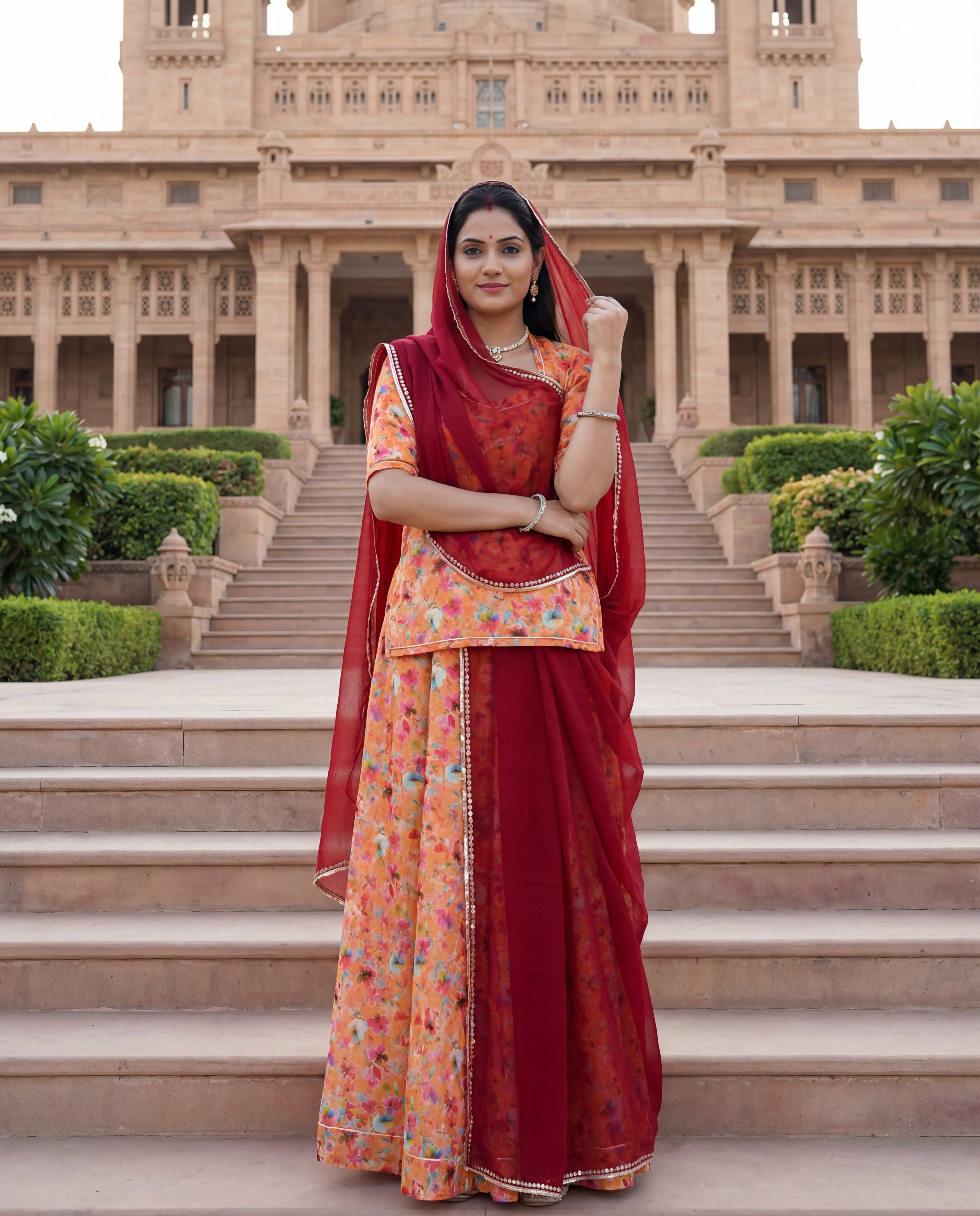 'Kesariya' - Orange Floral Rajputi Suit Set + Deep Maroon Odhani