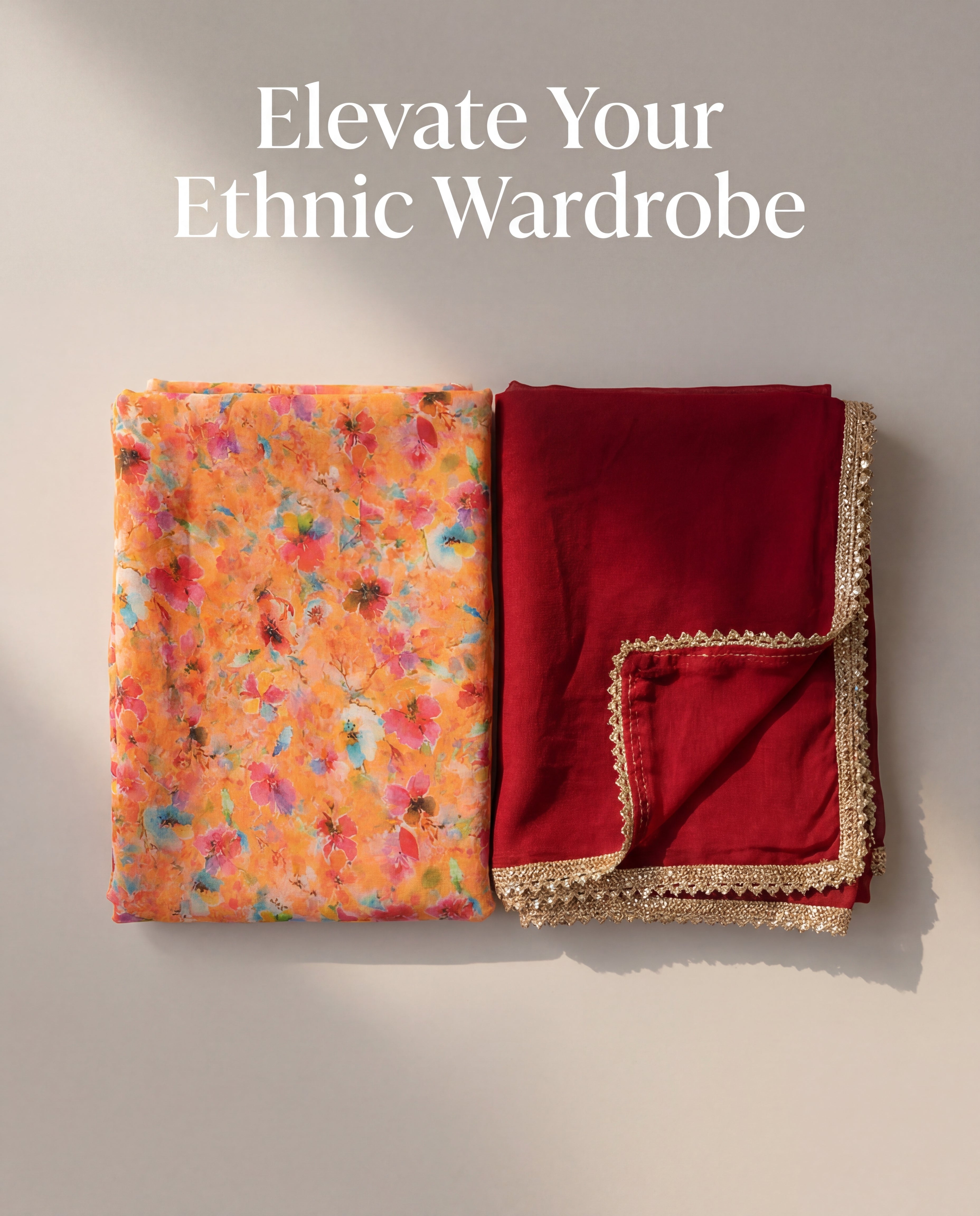 'Kesariya' - Orange Floral Rajputi Suit Set + Deep Maroon Odhani