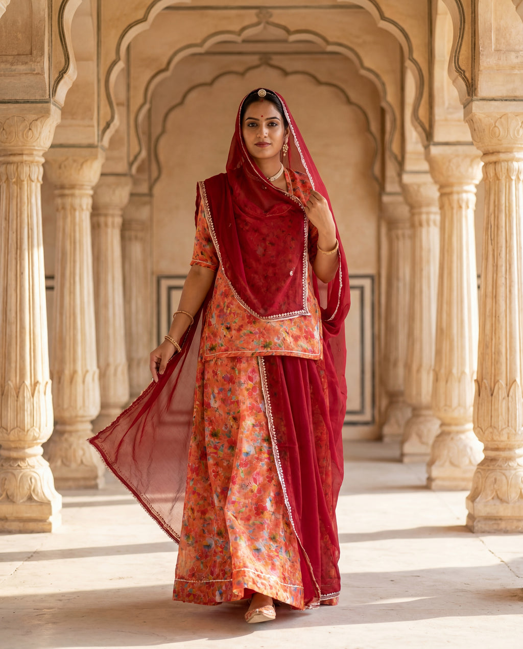 'Narangi Bagh' - Vibrant Orange Floral Rajputi Suit Set + Deep Maroon Odhani