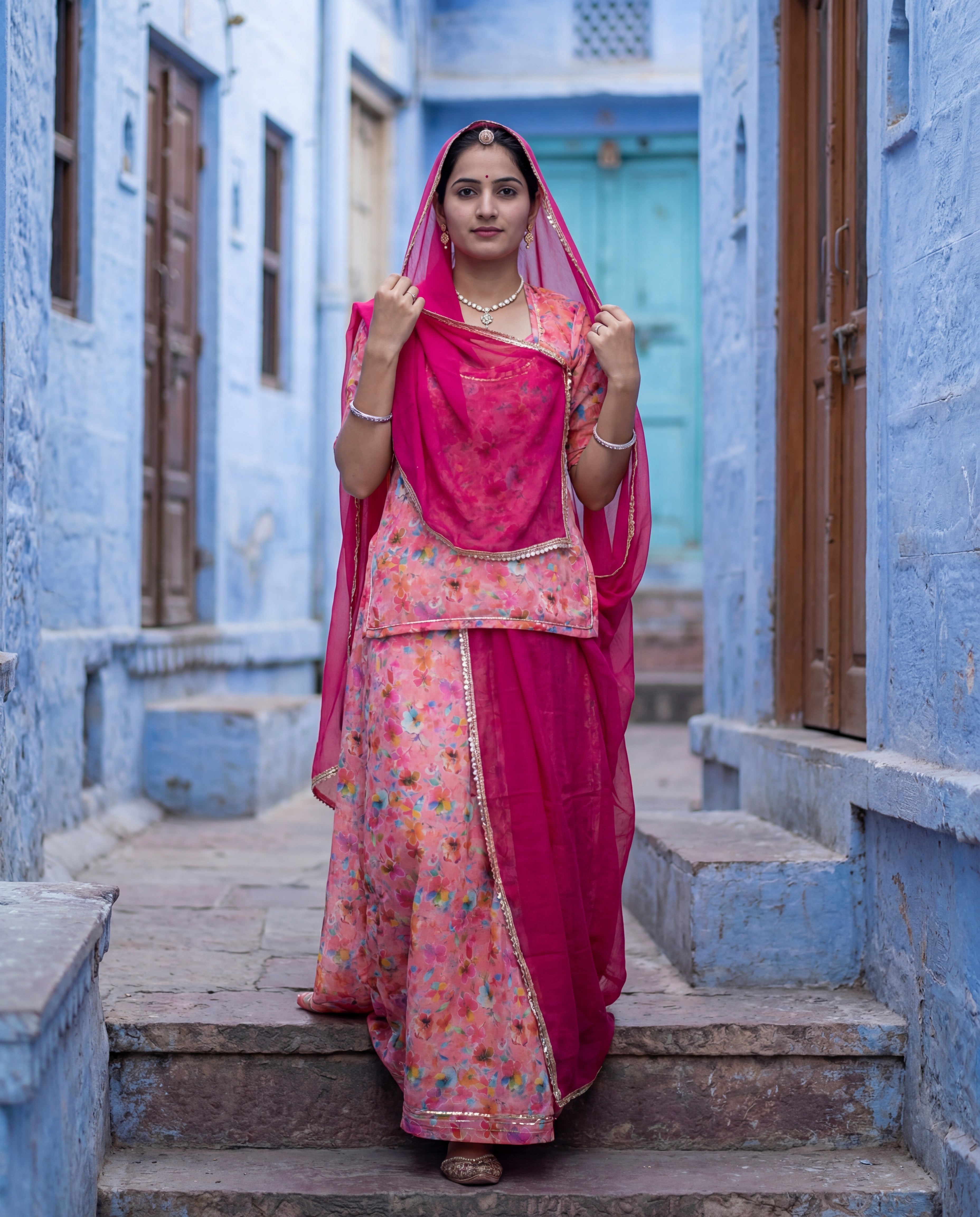 'Gulaabo' - Coral Floral Rajputi Suit Set + Rani Pink Odhani