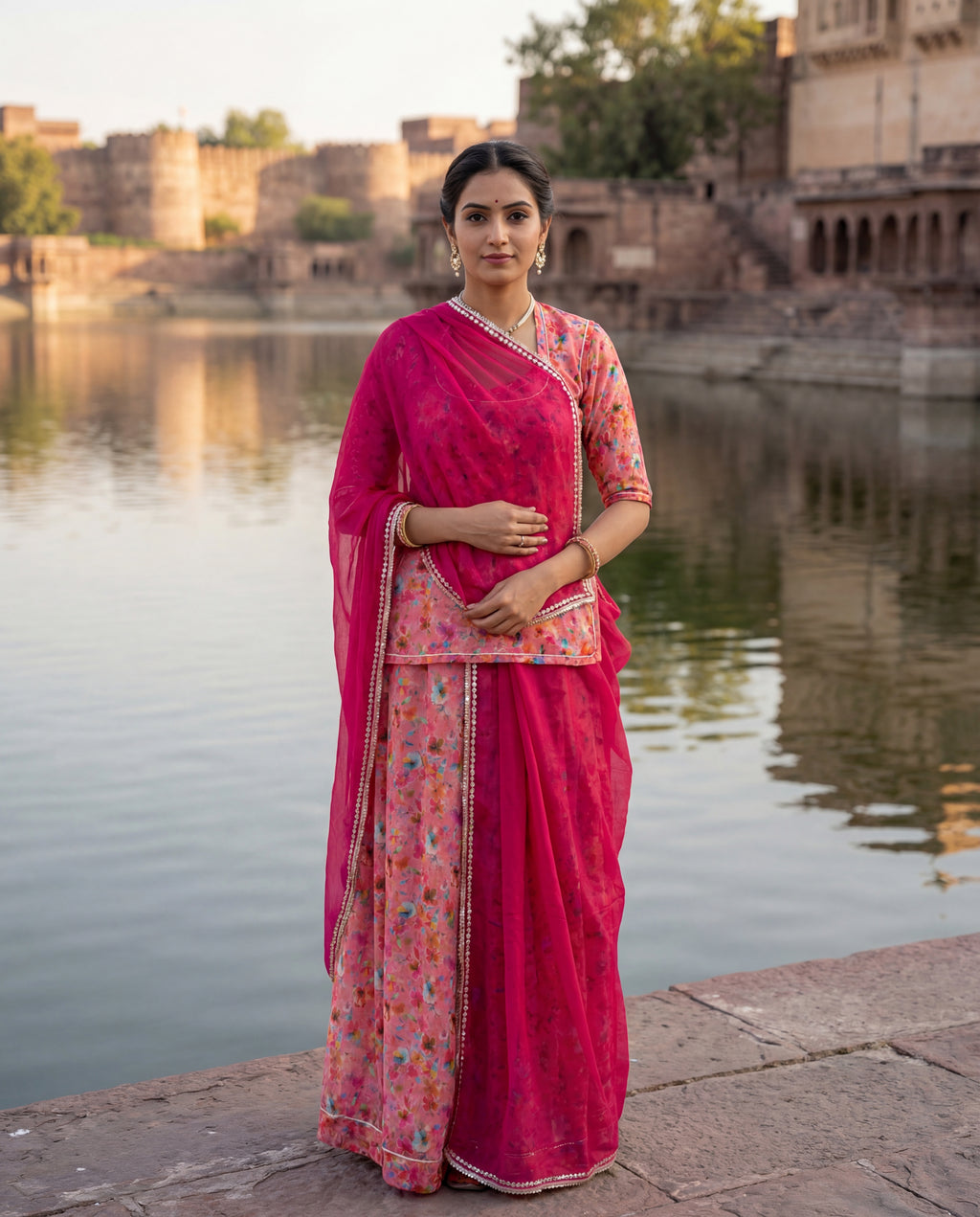 'Gulaabo' - Coral Floral Rajputi Suit Set + Rani Pink Odhani