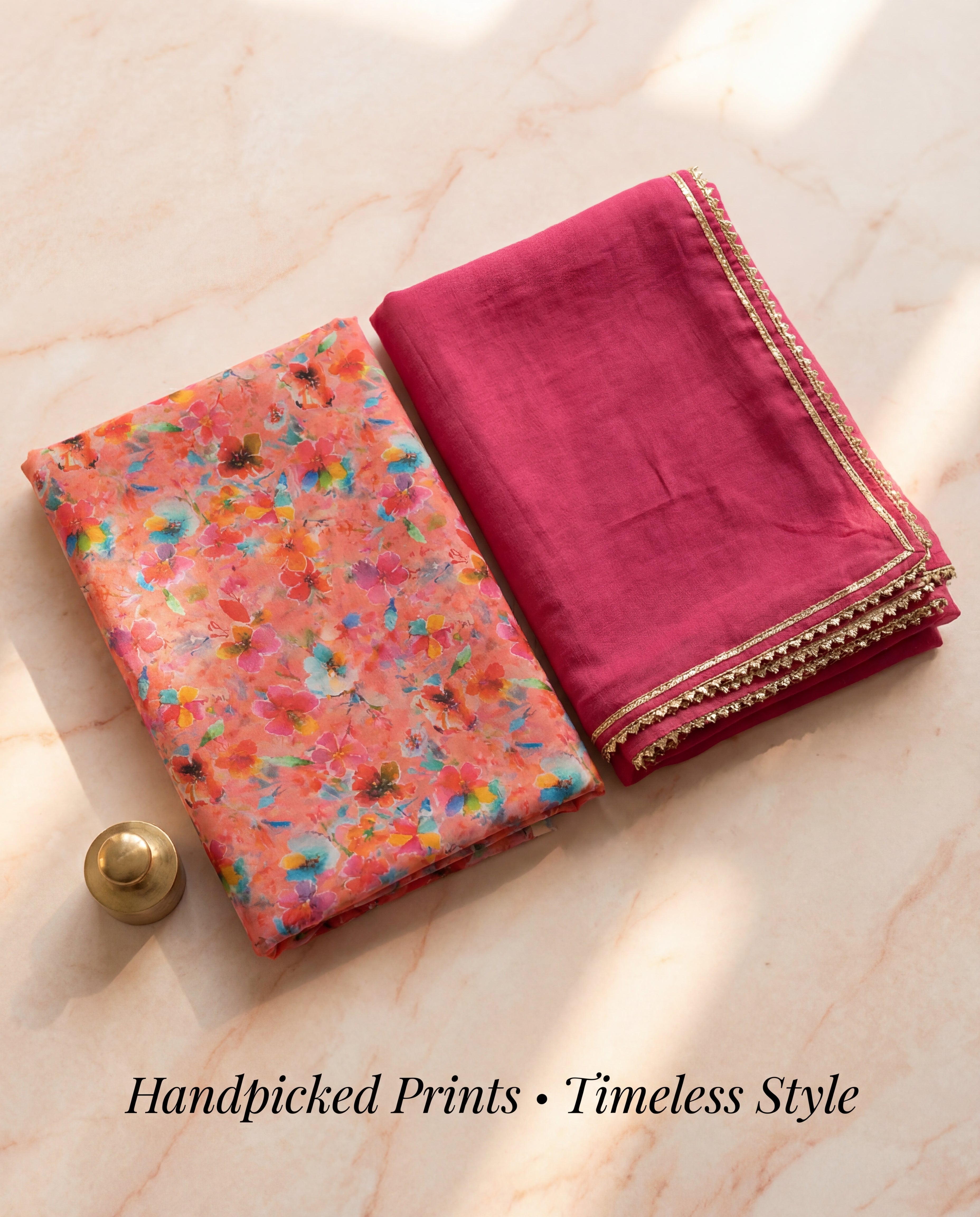 'Gulaabo' - Coral Floral Rajputi Suit Set + Rani Pink Odhani