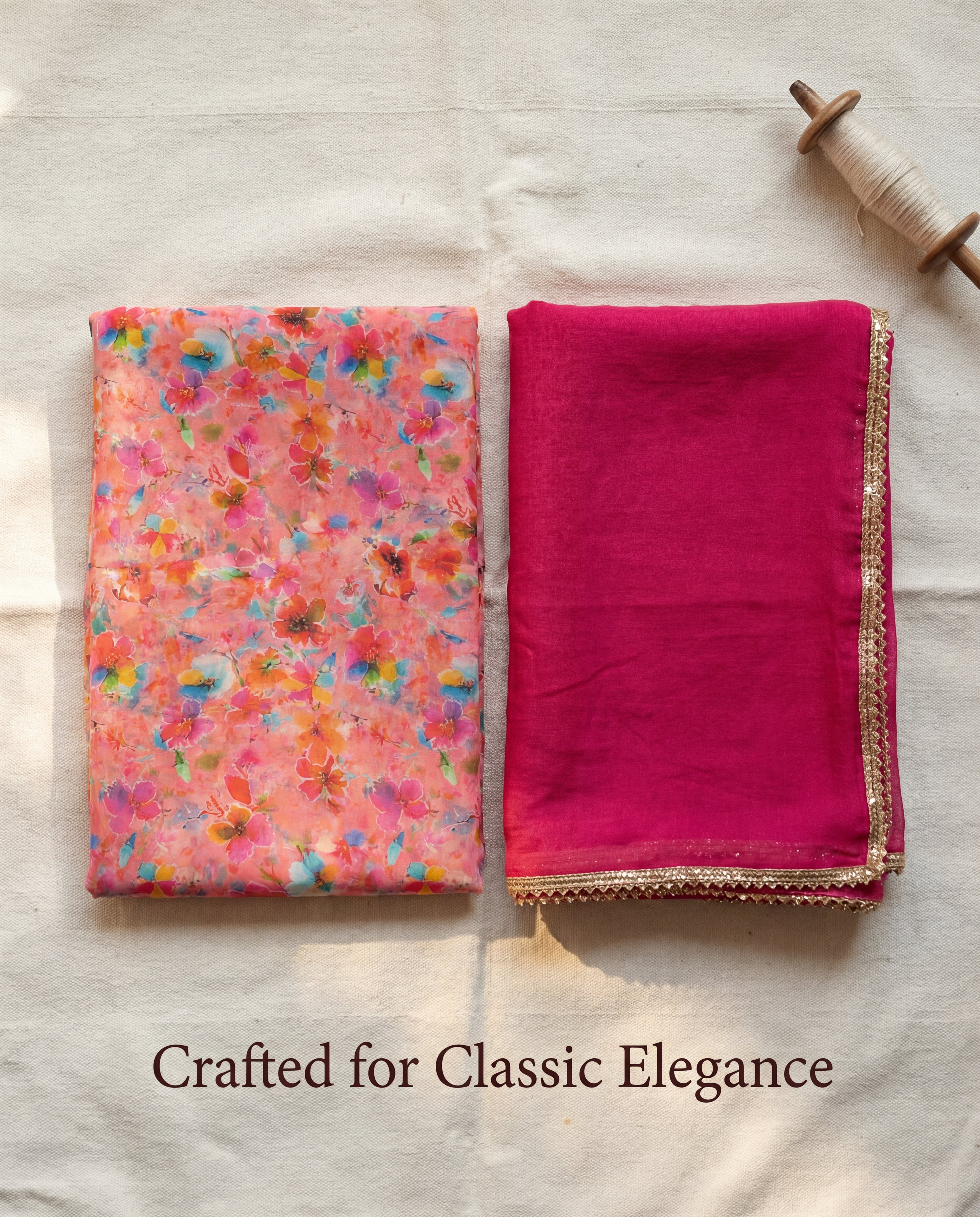 'Gulaabo' - Coral Floral Rajputi Suit Set + Rani Pink Odhani