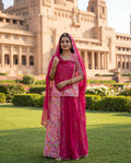 'Gulaabo' - Blush Pink Floral Print Suit Set + Rani Pink Odhani