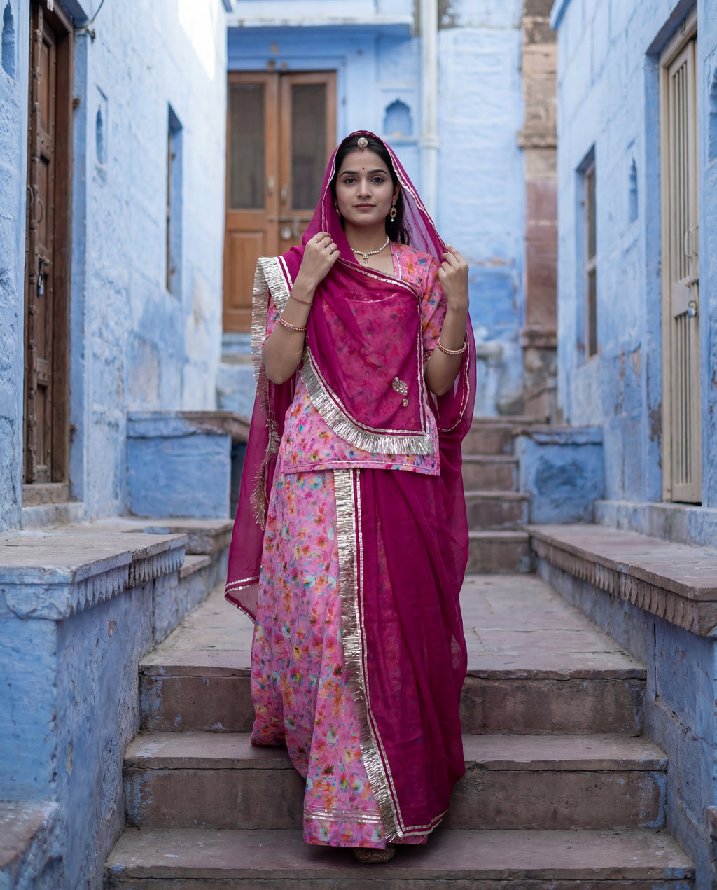 'Gulaabo' - Blush Pink Floral Print Suit Set + Rani Pink Odhani